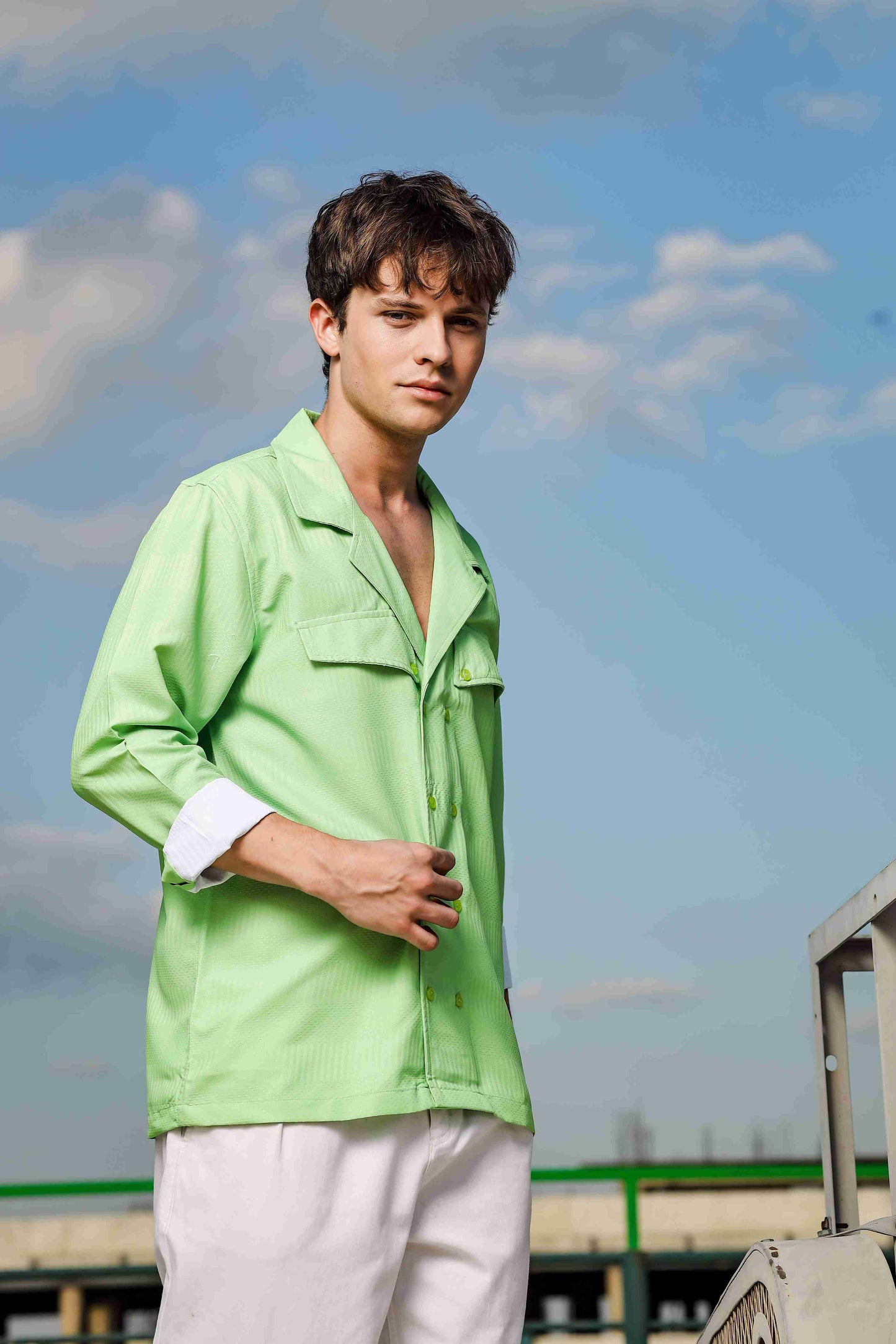 Lime Green Textured Notched Lapel Collar Regular Fit Korean Shacket Shirt