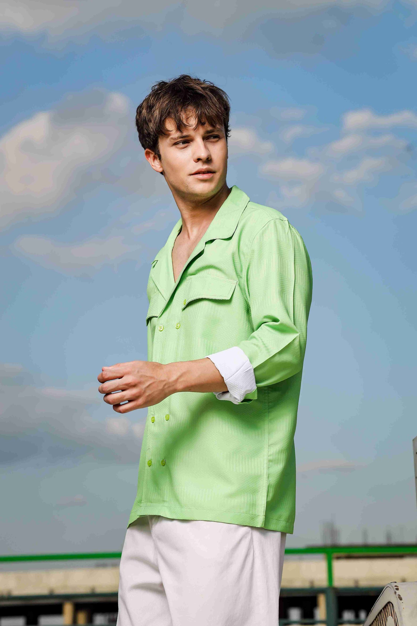 Lime Green Textured Notched Lapel Collar Regular Fit Korean Shacket Shirt