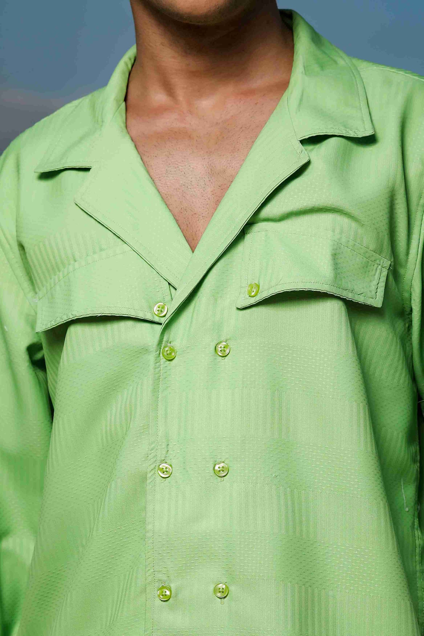 Lime Green Textured Notched Lapel Collar Regular Fit Korean Shacket Shirt