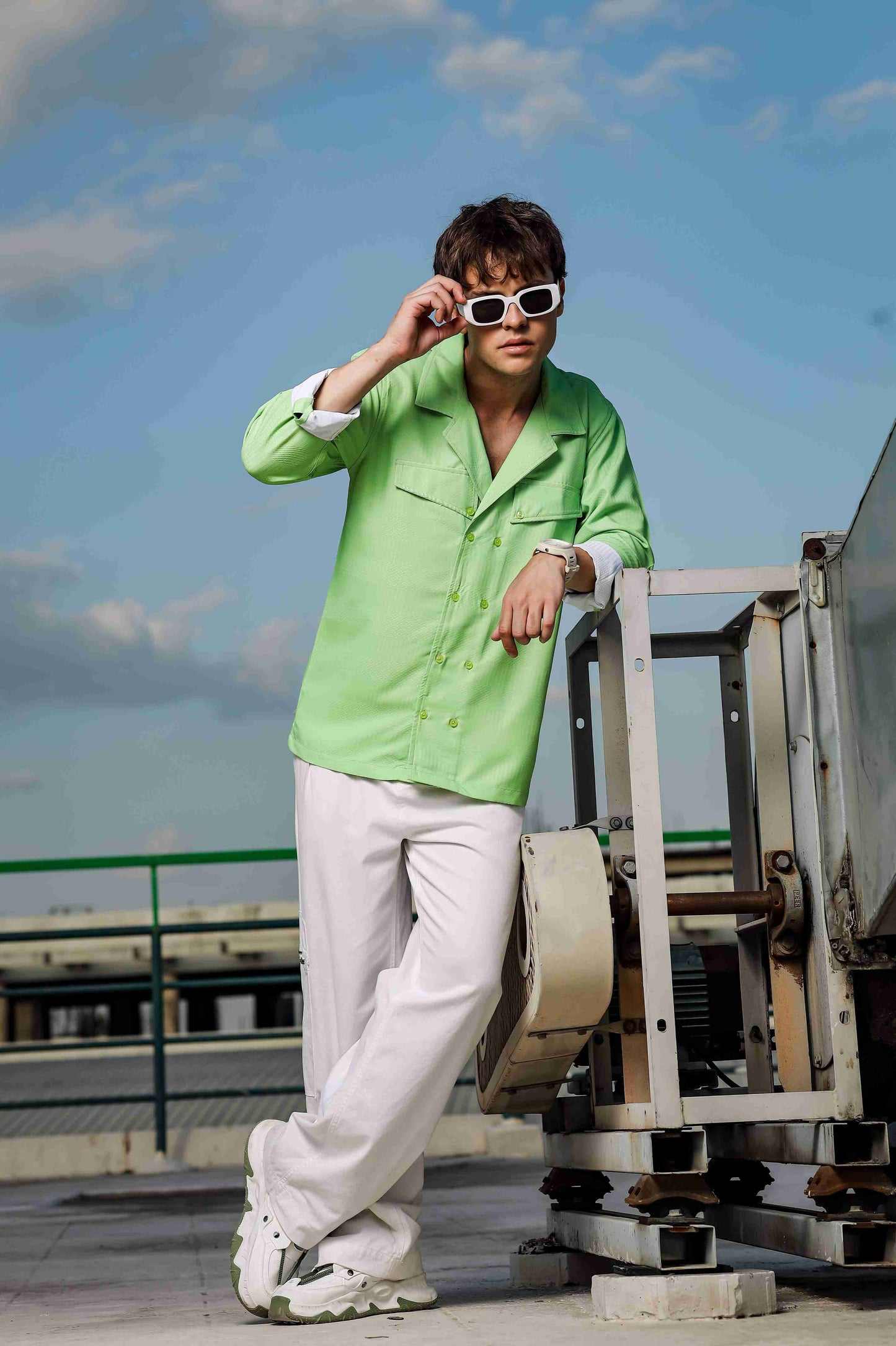 Lime Green Textured Notched Lapel Collar Regular Fit Korean Shacket Shirt