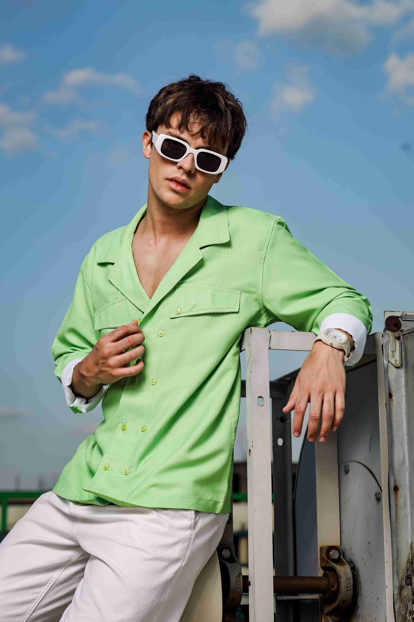 Lime Green Textured Notched Lapel Collar Regular Fit Korean Shacket Shirt
