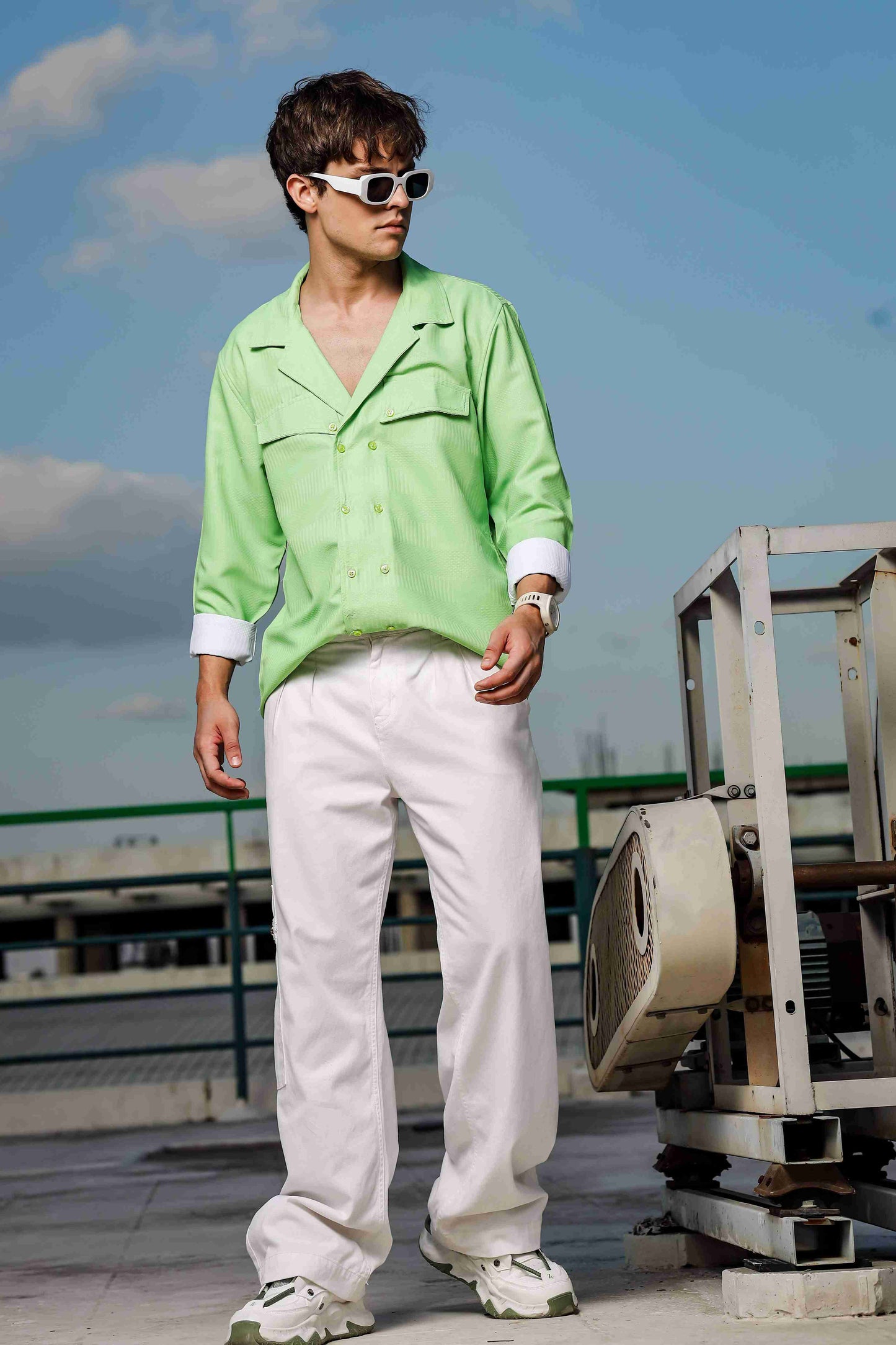 Lime Green Textured Notched Lapel Collar Regular Fit Korean Shacket Shirt