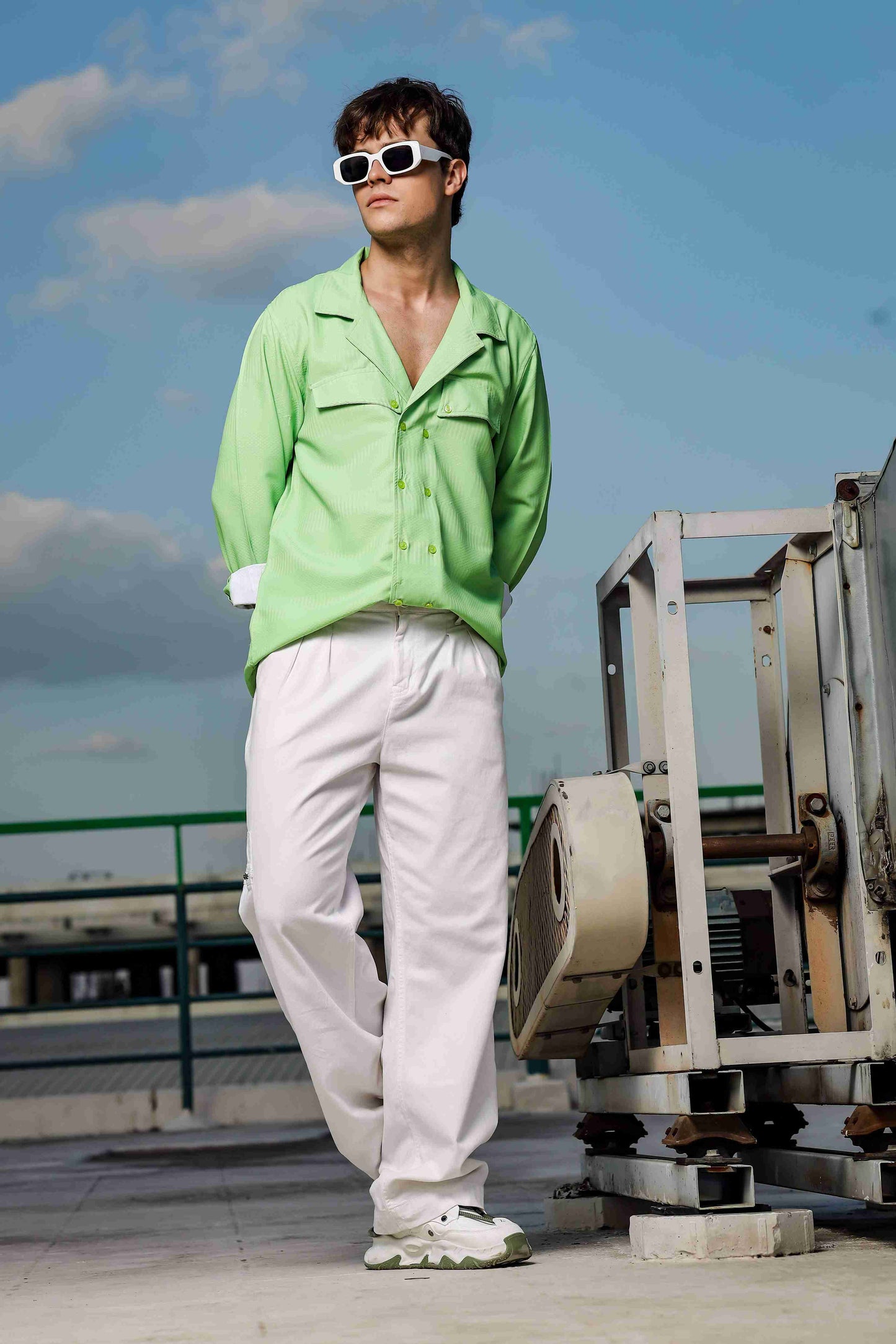 Lime Green Textured Notched Lapel Collar Regular Fit Korean Shacket Shirt