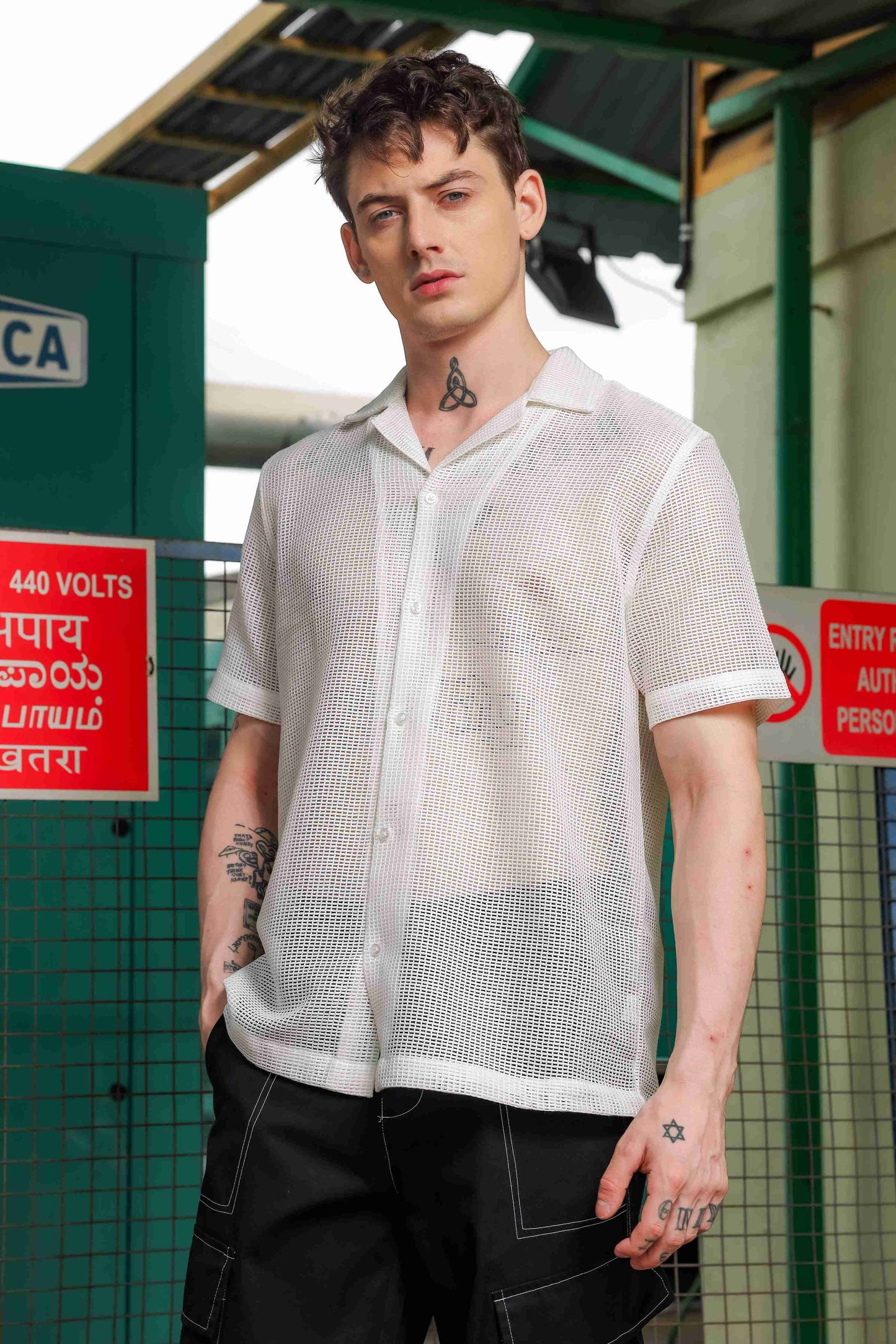 White Crochet Textured Relaxed Fit Casual Shirt