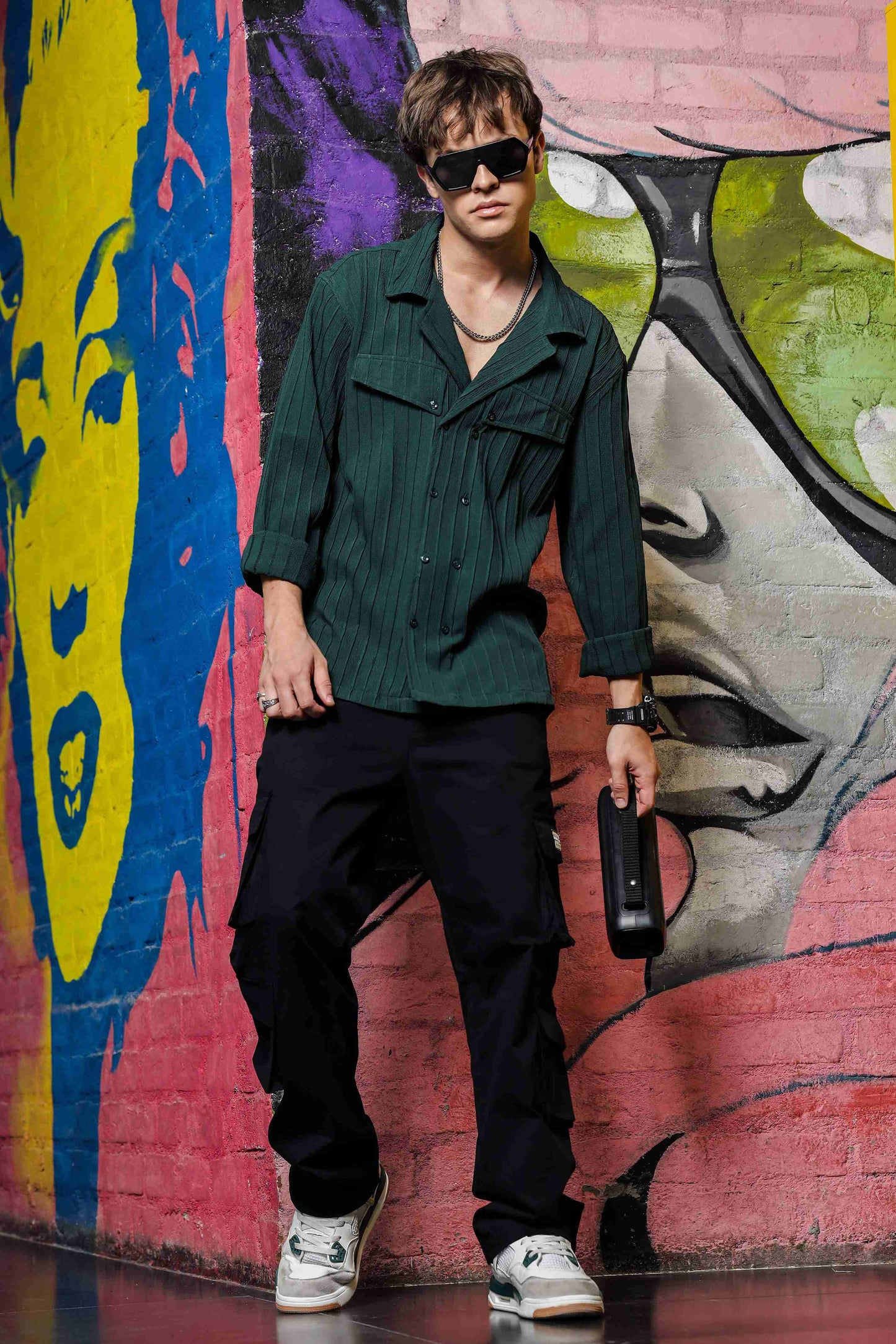 Green Knit Textured Ribbed Relaxed Fit Korean Shacket Shirt