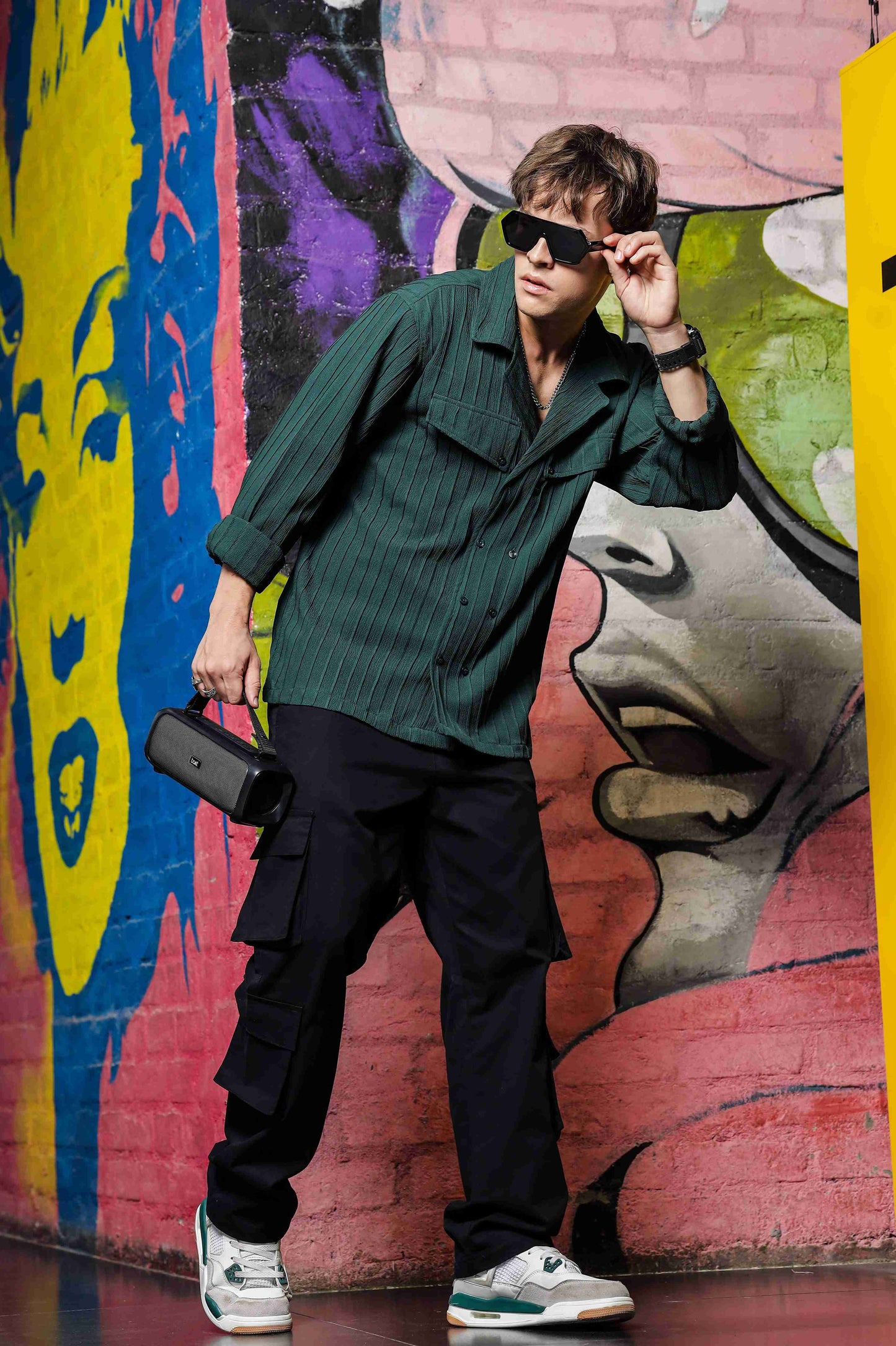 Green Knit Textured Ribbed Relaxed Fit Korean Shacket Shirt