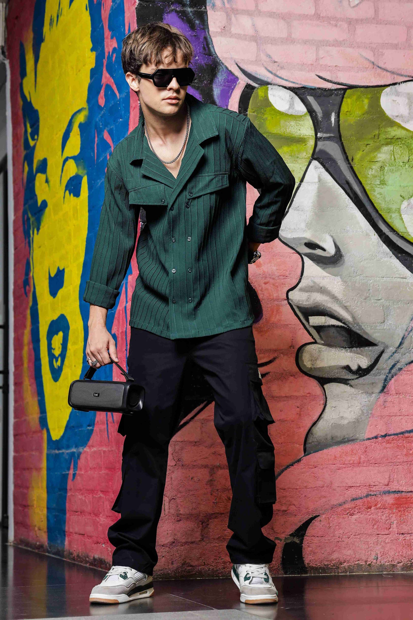 Green Knit Textured Ribbed Relaxed Fit Korean Shacket Shirt