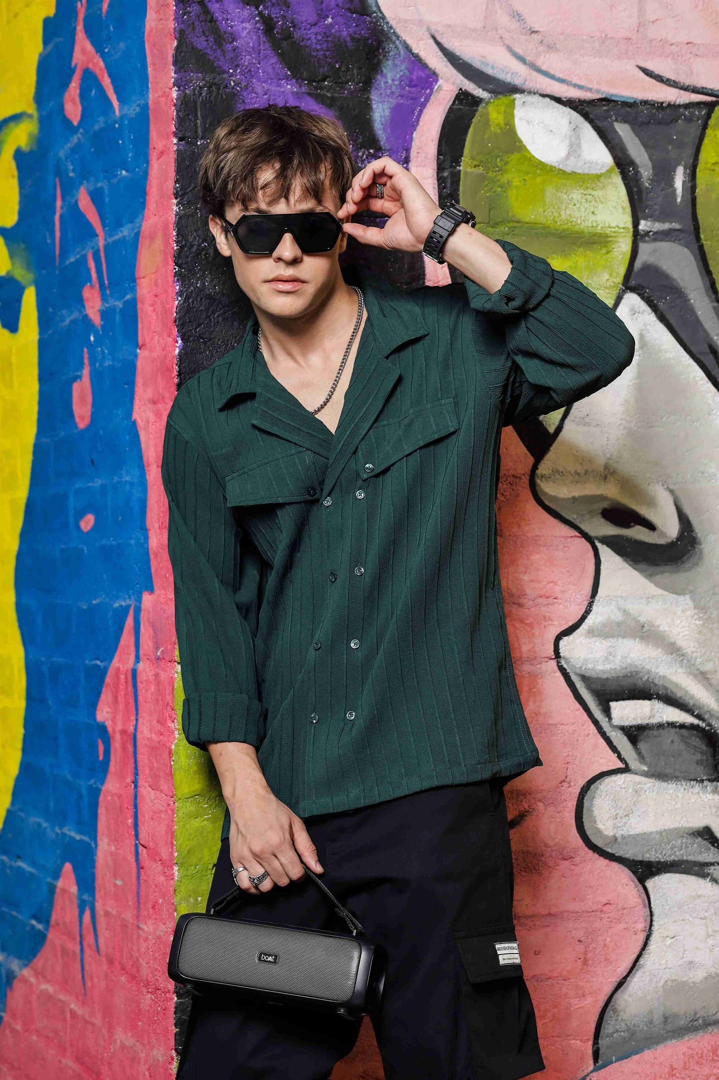 Green Knit Textured Ribbed Relaxed Fit Korean Shacket Shirt