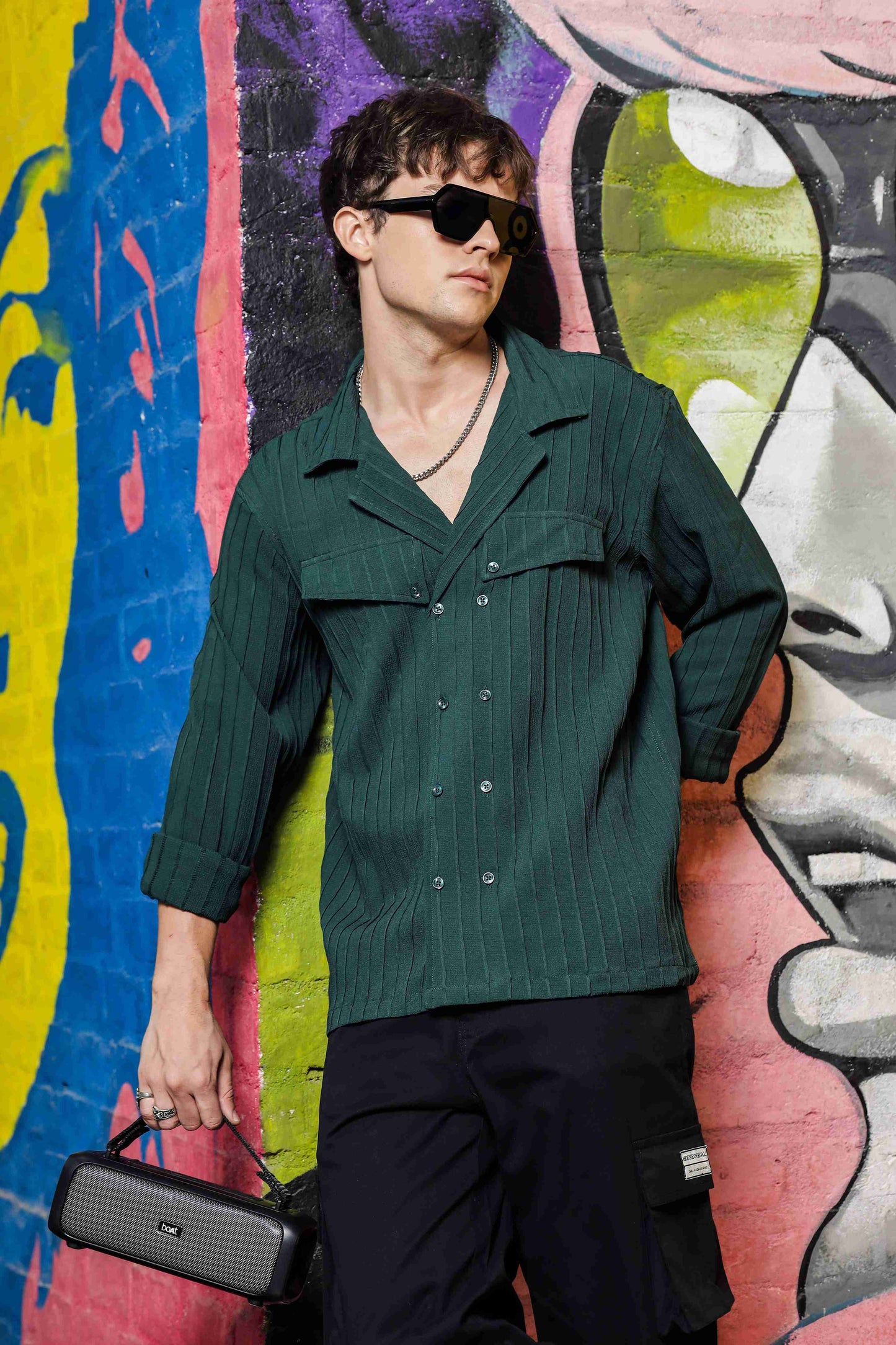 Green Knit Textured Ribbed Relaxed Fit Korean Shacket Shirt
