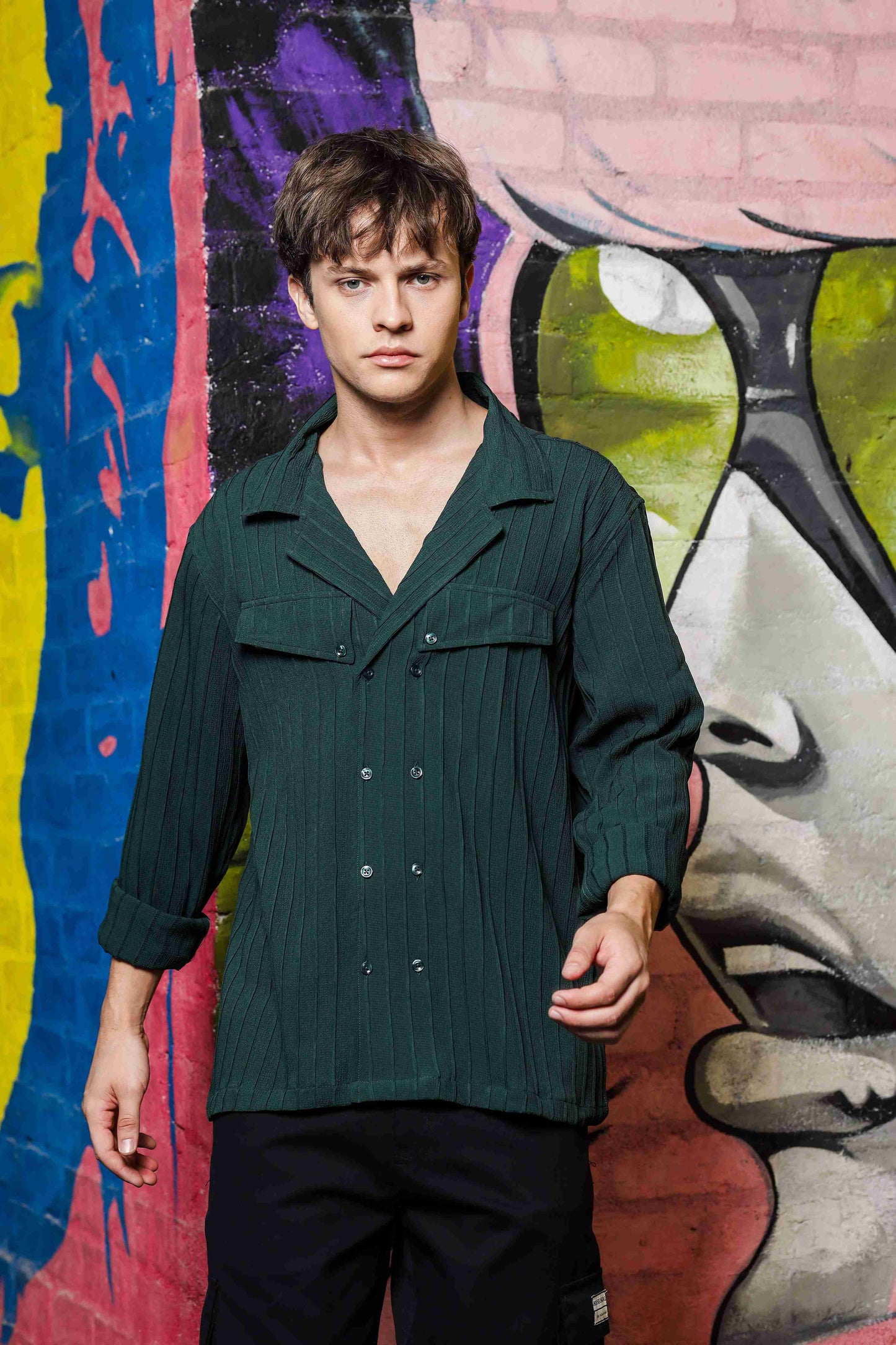 Green Knit Textured Ribbed Relaxed Fit Korean Shacket Shirt