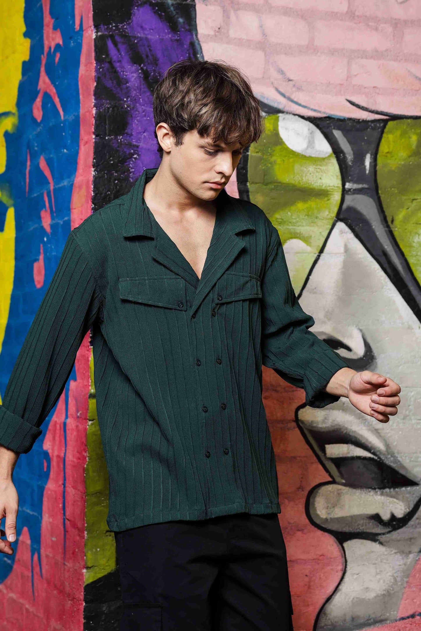 Green Knit Textured Ribbed Relaxed Fit Korean Shacket Shirt