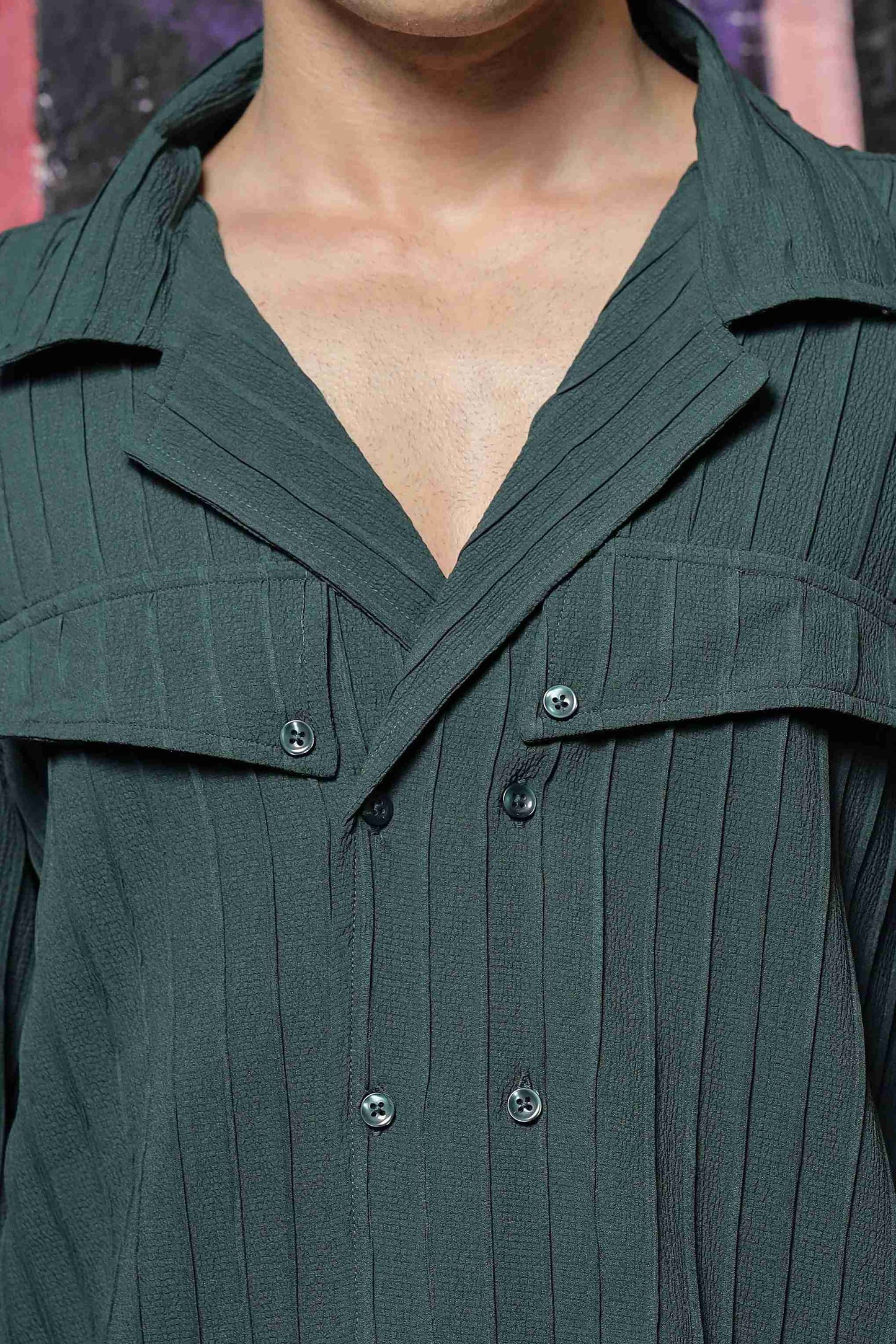 Green Knit Textured Ribbed Relaxed Fit Korean Shacket Shirt