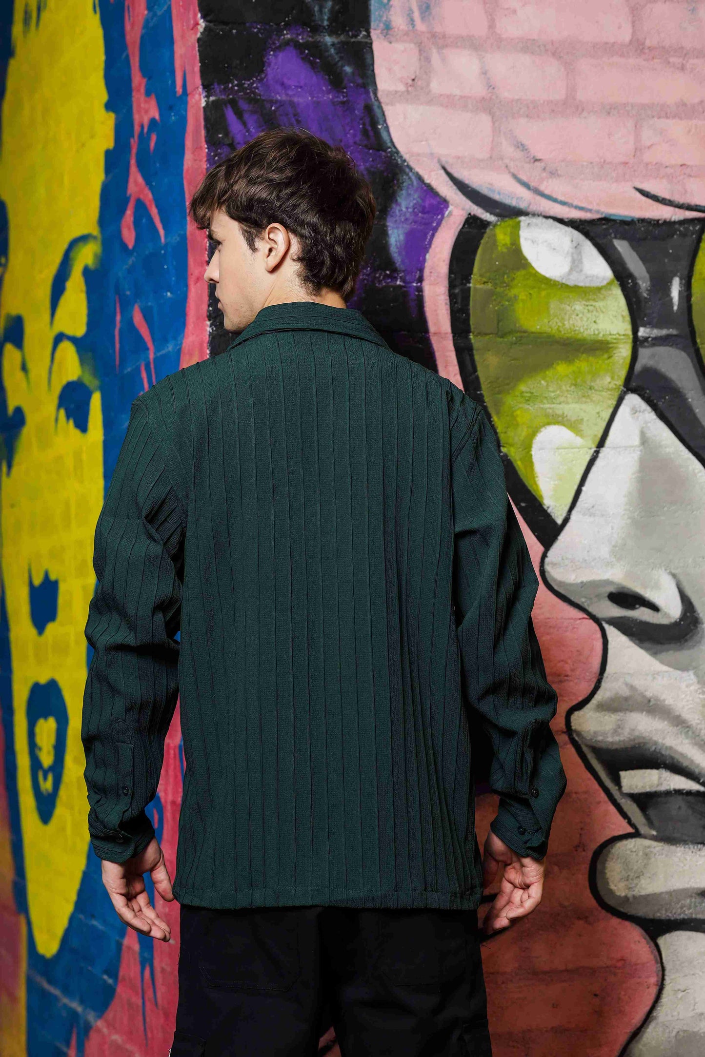 Green Knit Textured Ribbed Relaxed Fit Korean Shacket Shirt