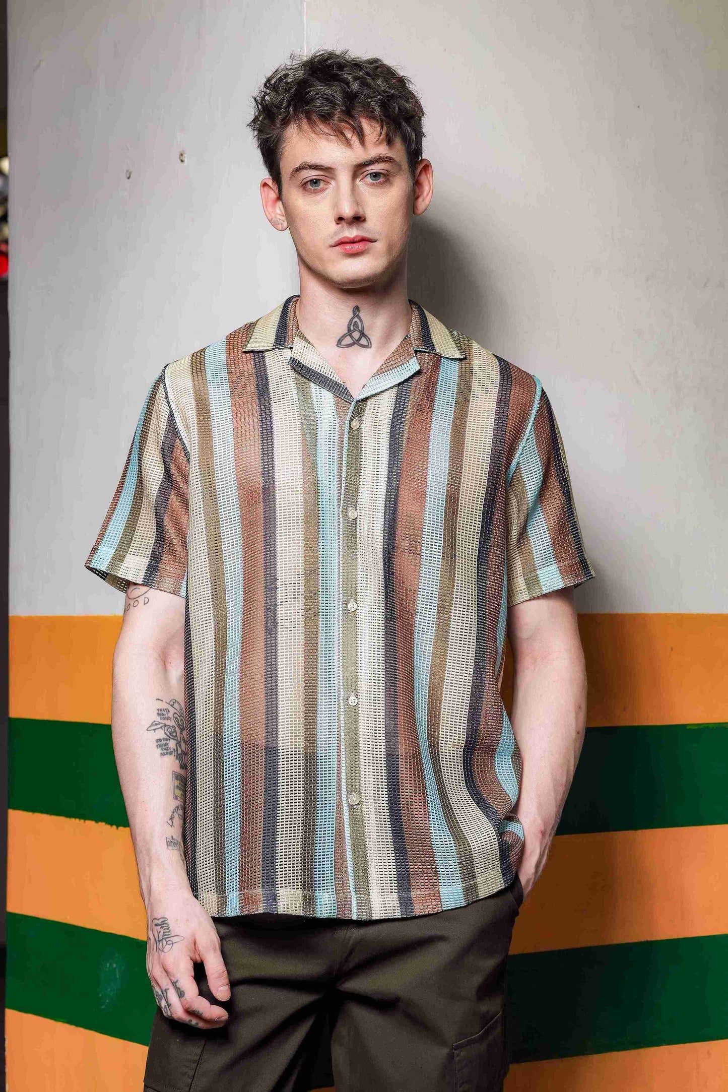 Unisex Regular Fit Brown Striped Semi Sheer Crochet-Look Resort Shirt