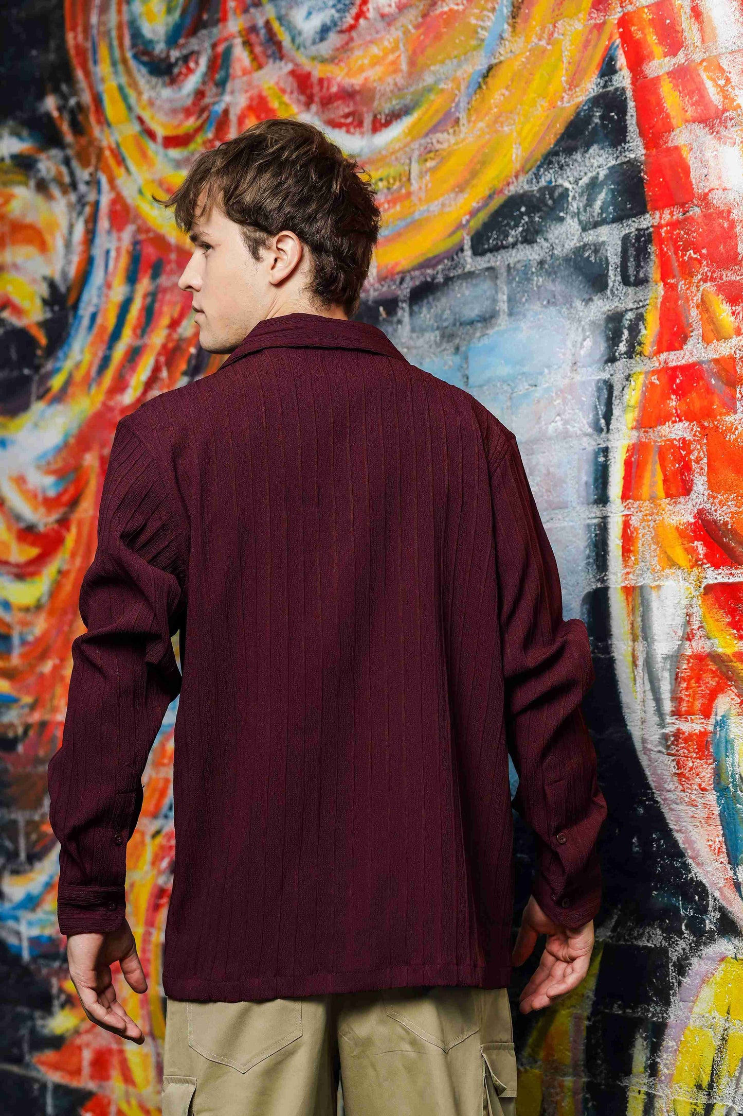 Maroon Rib Textured Relaxed Korean Shacket Shirt