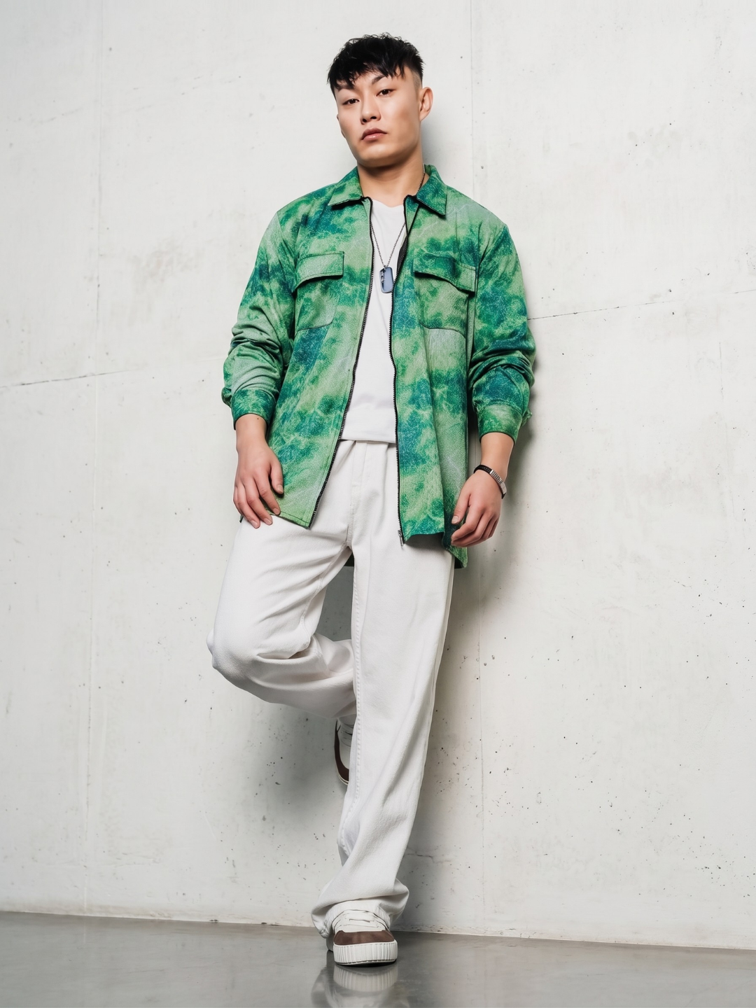 Grey & Green Abstract Printed Drop-Shoulder Relaxed Fit Shirt Zipper Shirt