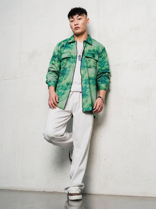 Grey & Green Abstract Printed Drop-Shoulder Relaxed Fit Shirt Zipper Shirt