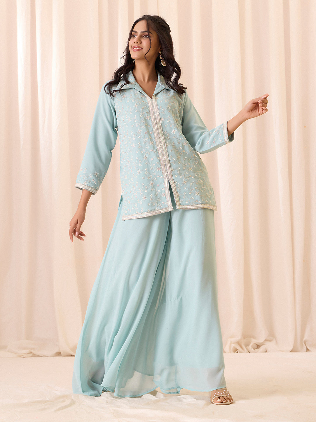 Sky Blue Embroidered Georgette Palazzo Set | Festive Ethnic Suit for Women | M-2563