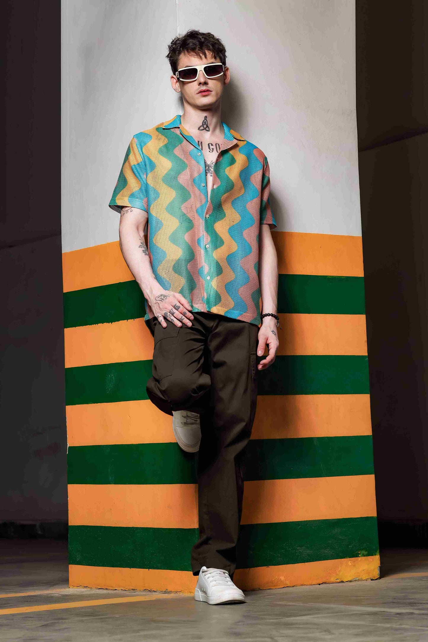 Relaxed Fit Semi Sheer Crochet-Look Resort Shirt
