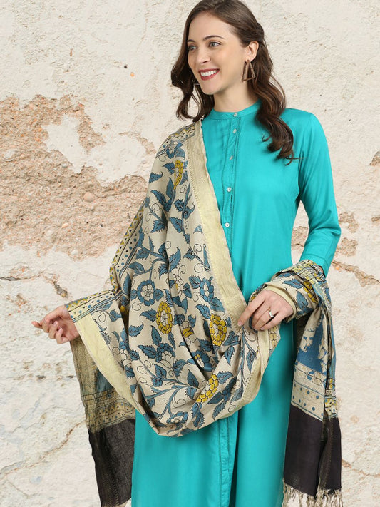 Kalamkari Mangalgiri Blue & Mustard Cotton Dupatta