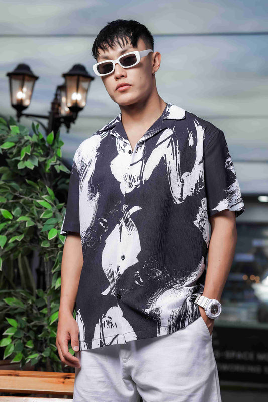 Black Abstract Printed Crinkled Fabric Cuban Collar Relaxed Fit Resort Shirt