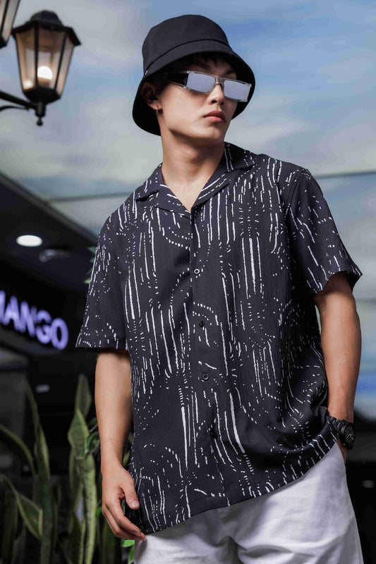Black Abstract Printed Cuban Collar Relaxed Fit Resort Shirt