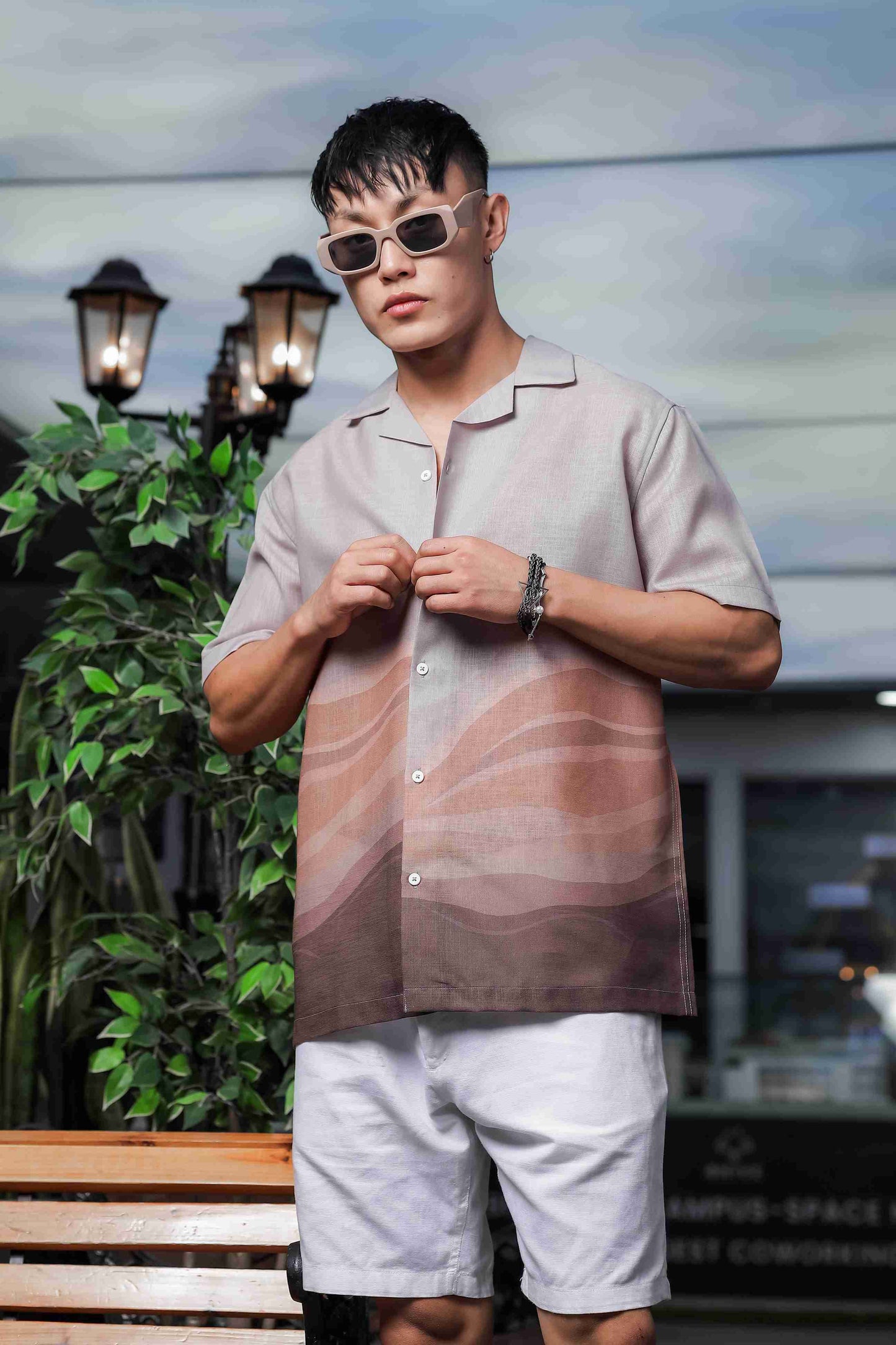 Brown Ombre Cuban Collar Relaxed Fit Linen Blend Resort Shirt