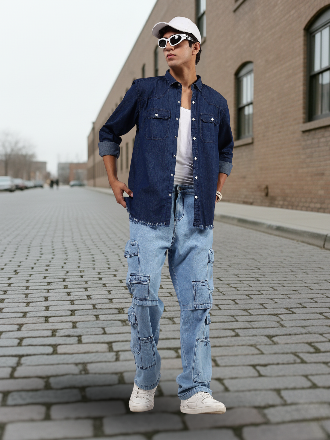Navy Blue Raw Edge Oversized Relaxed Fit Spread Collar Premium Denim Full Sleeve Shirt