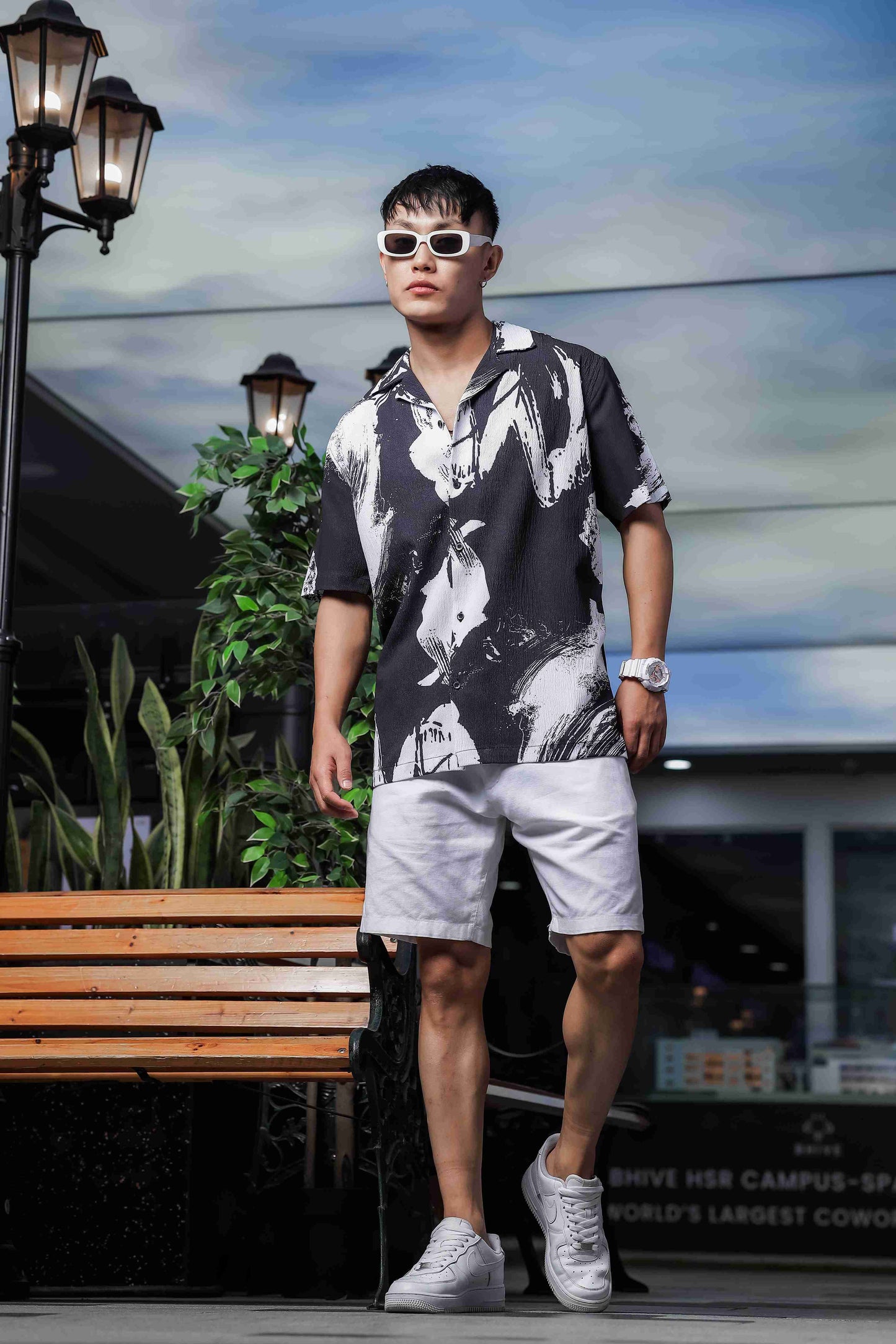Black Abstract Printed Crinkled Fabric Cuban Collar Relaxed Fit Resort Shirt