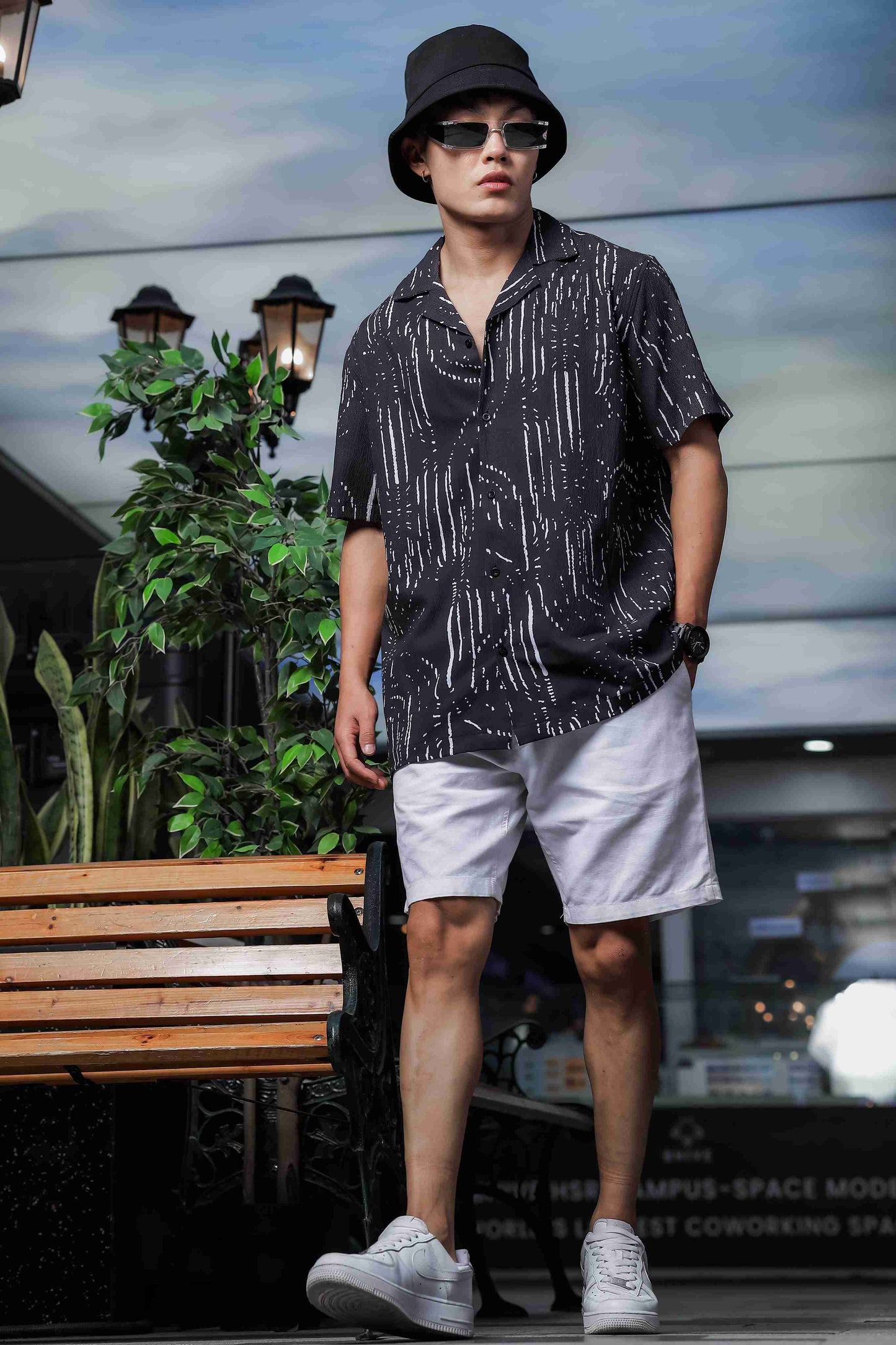 Black Abstract Printed Cuban Collar Relaxed Fit Resort Shirt