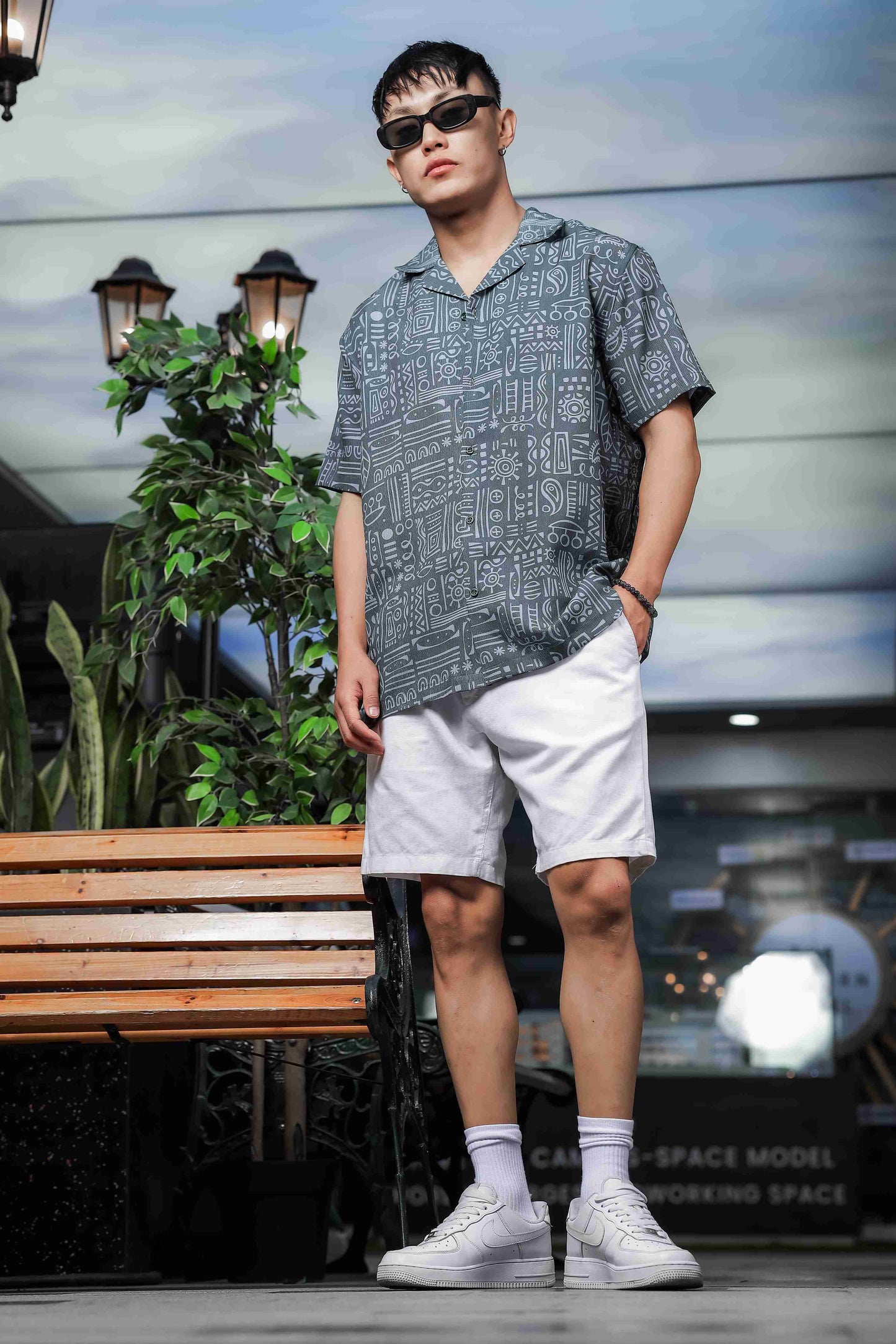 Abstract Tribal Print Cuban Collar Relaxed Fit Resort Shirt