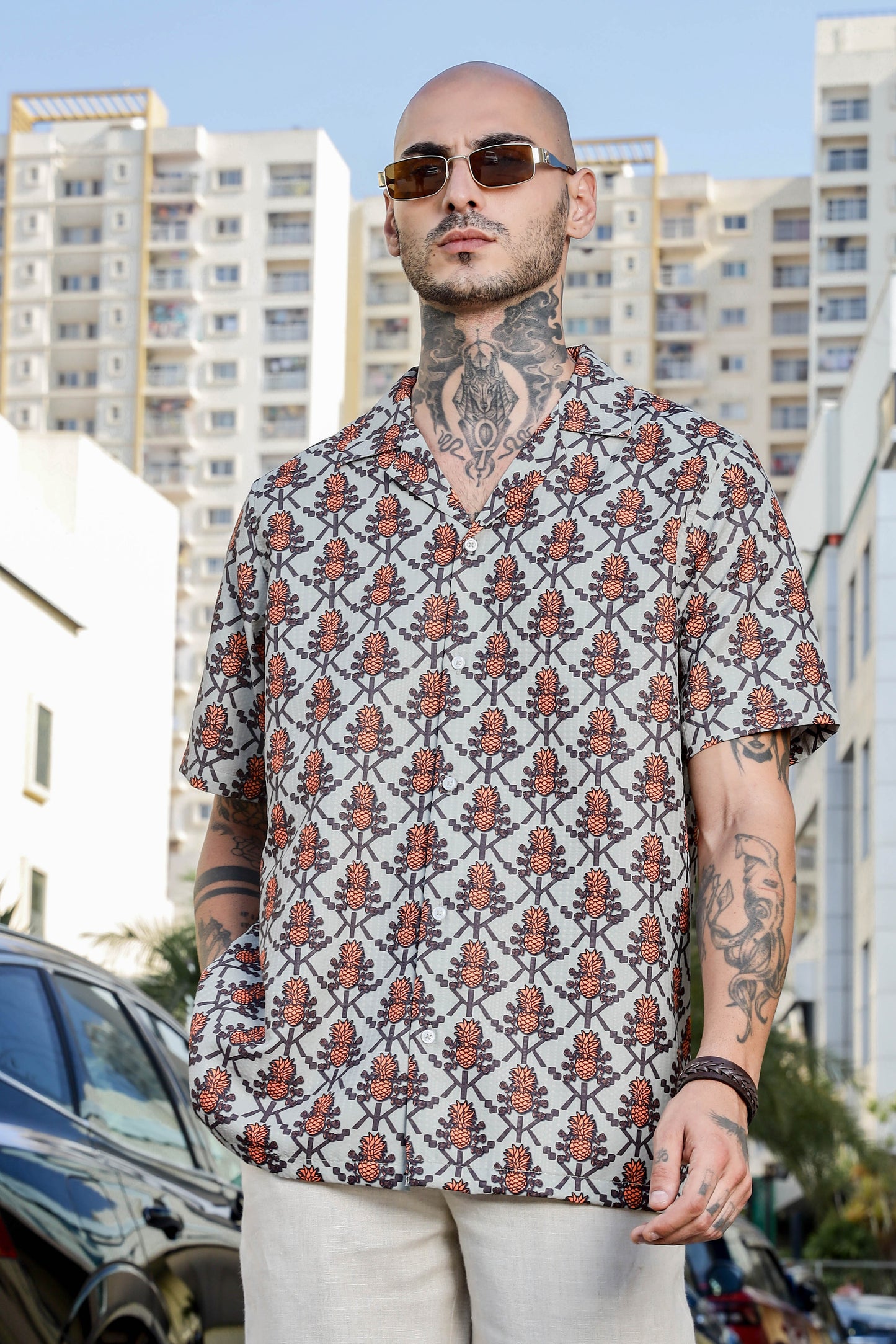 Beige Textured Printed Relaxed Fit Cuban Collar Resort Shirt