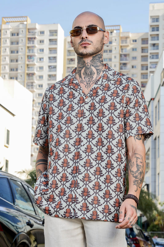 Beige Textured Printed Relaxed Fit Cuban Collar Resort Shirt
