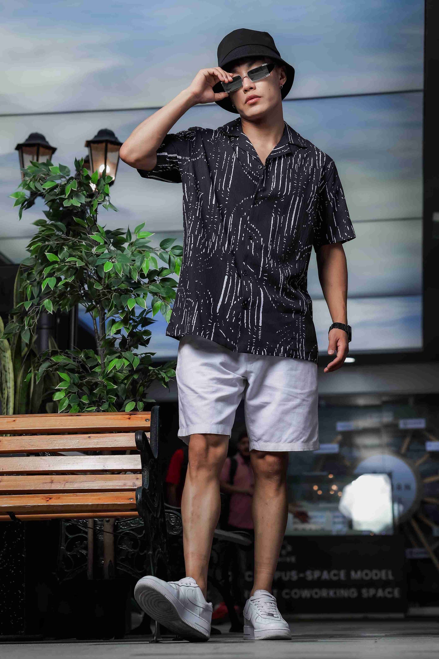 Black Abstract Printed Cuban Collar Relaxed Fit Resort Shirt
