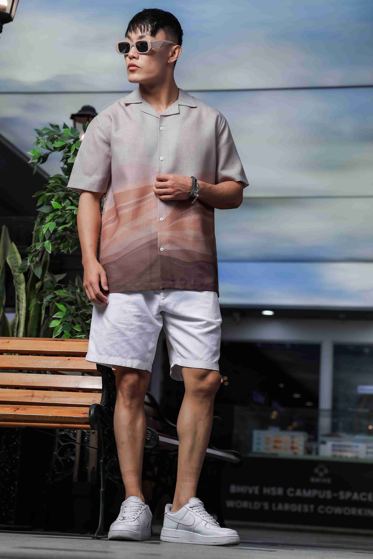 Brown Ombre Cuban Collar Relaxed Fit Linen Blend Resort Shirt