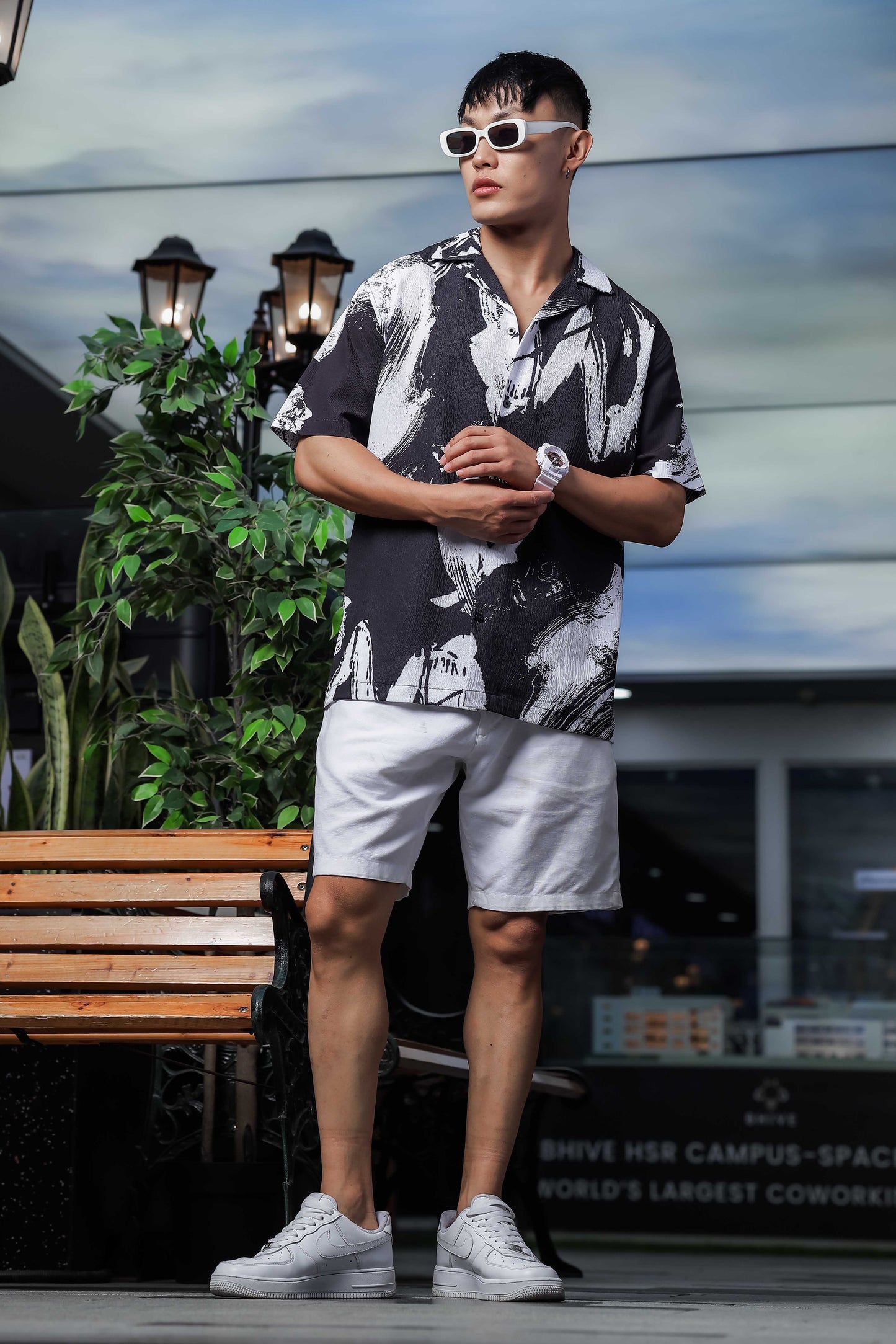 Black Abstract Printed Crinkled Fabric Cuban Collar Relaxed Fit Resort Shirt