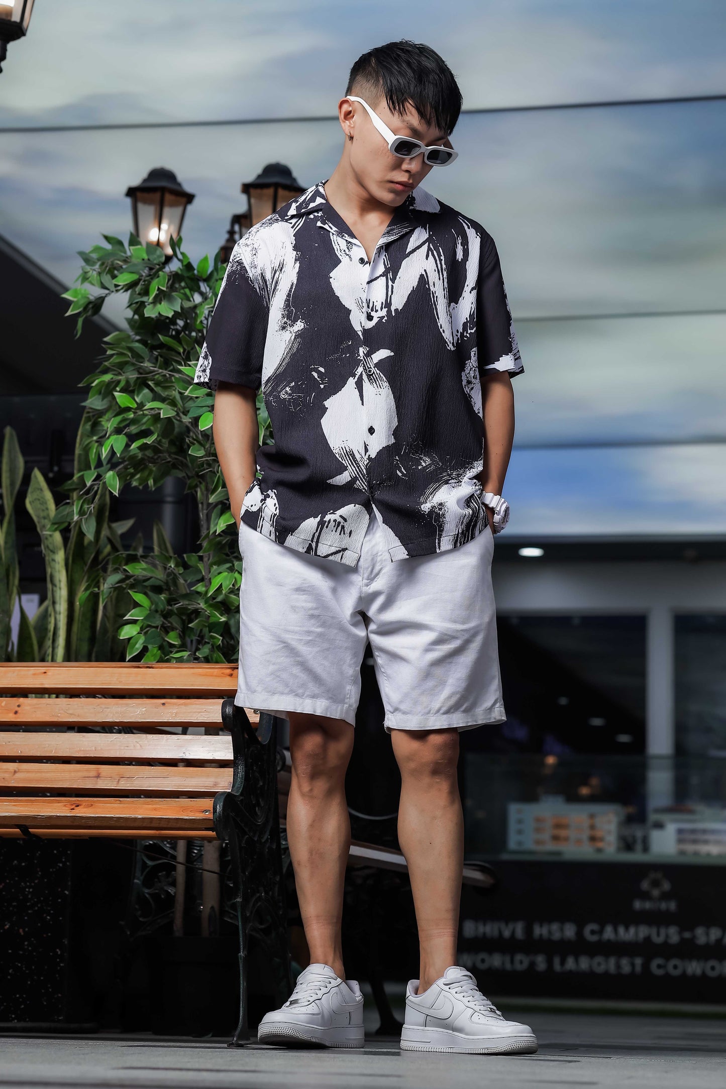 Black Abstract Printed Crinkled Fabric Cuban Collar Relaxed Fit Resort Shirt
