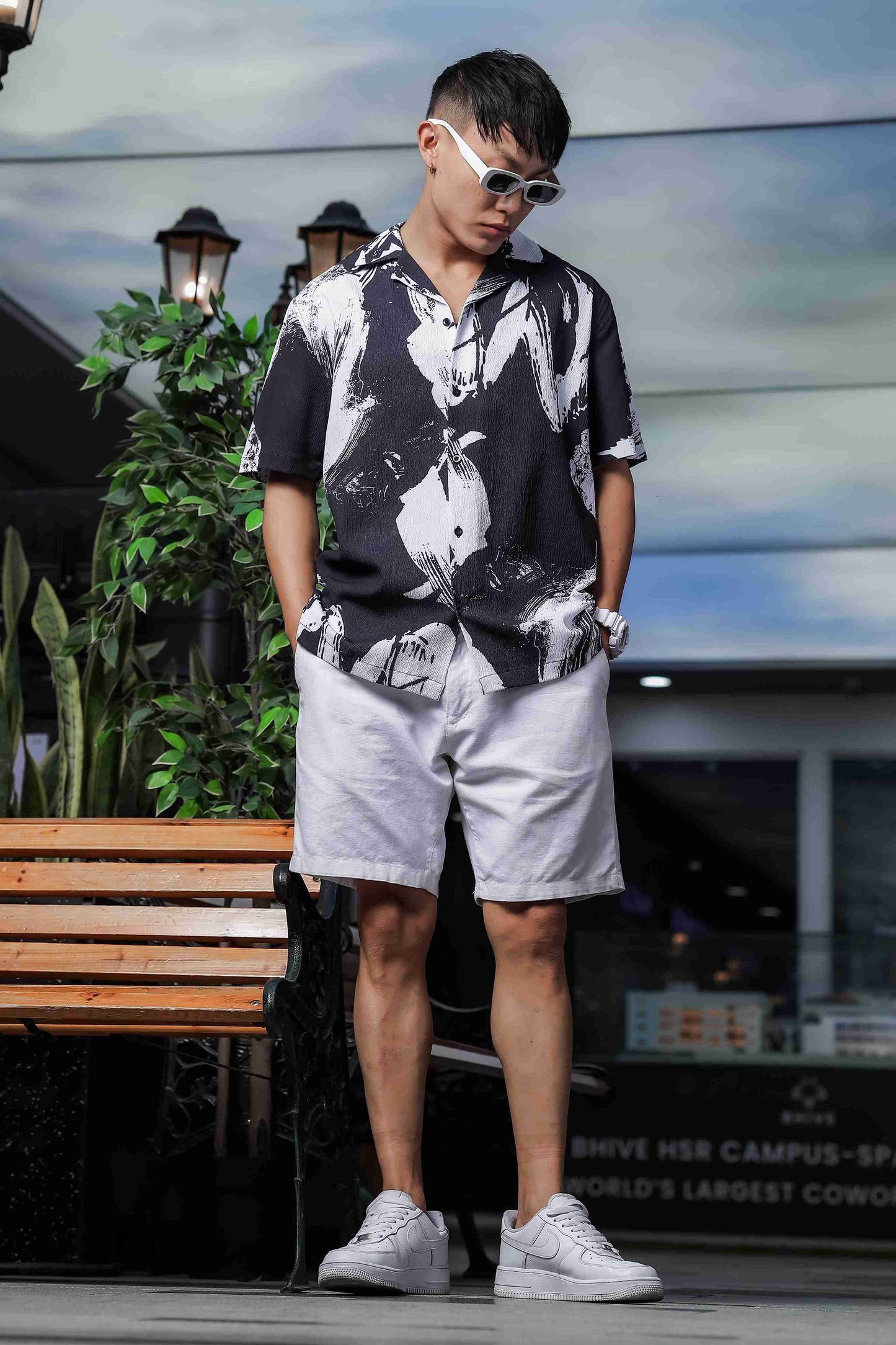 Black Abstract Printed Crinkled Fabric Cuban Collar Relaxed Fit Resort Shirt