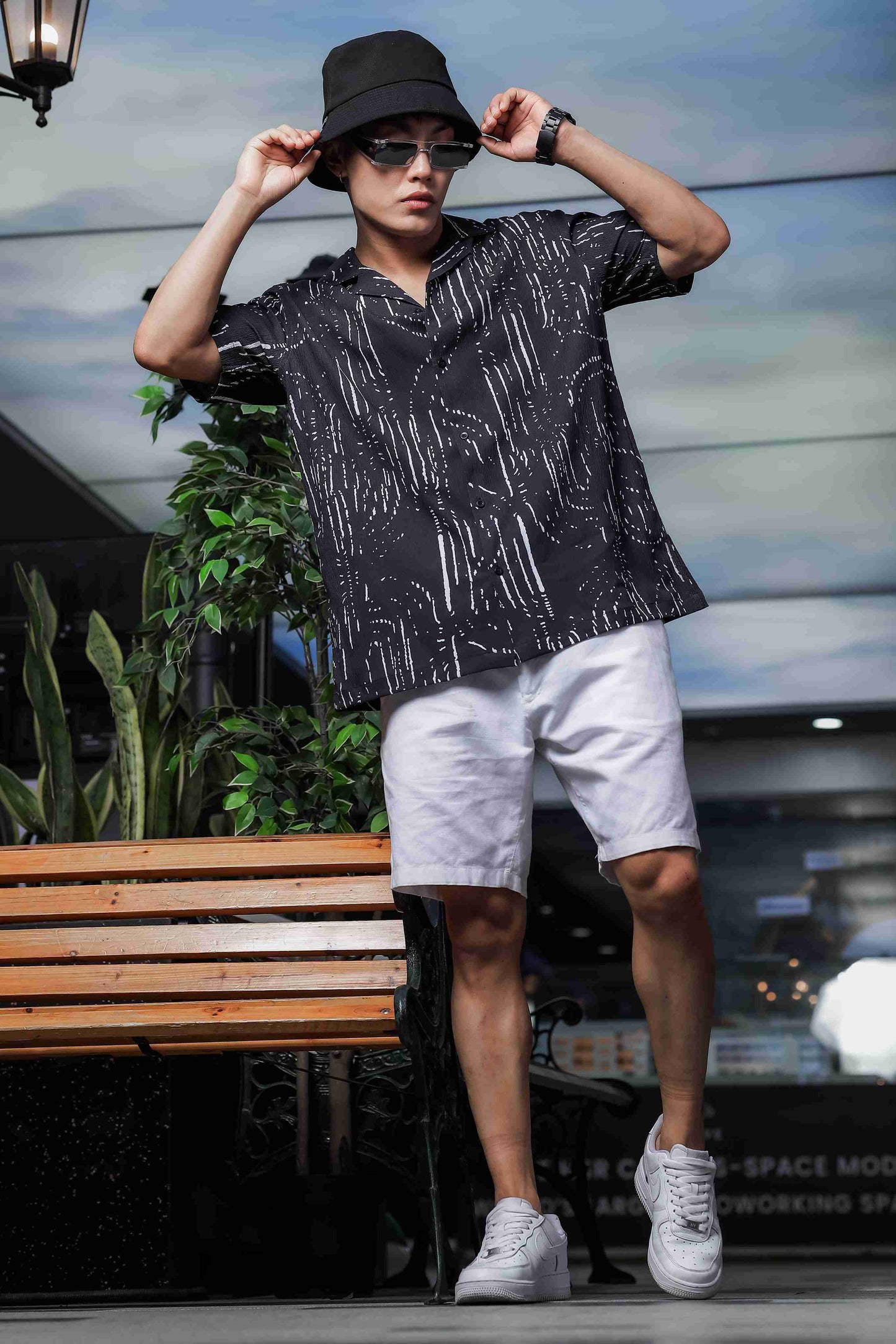 Black Abstract Printed Cuban Collar Relaxed Fit Resort Shirt