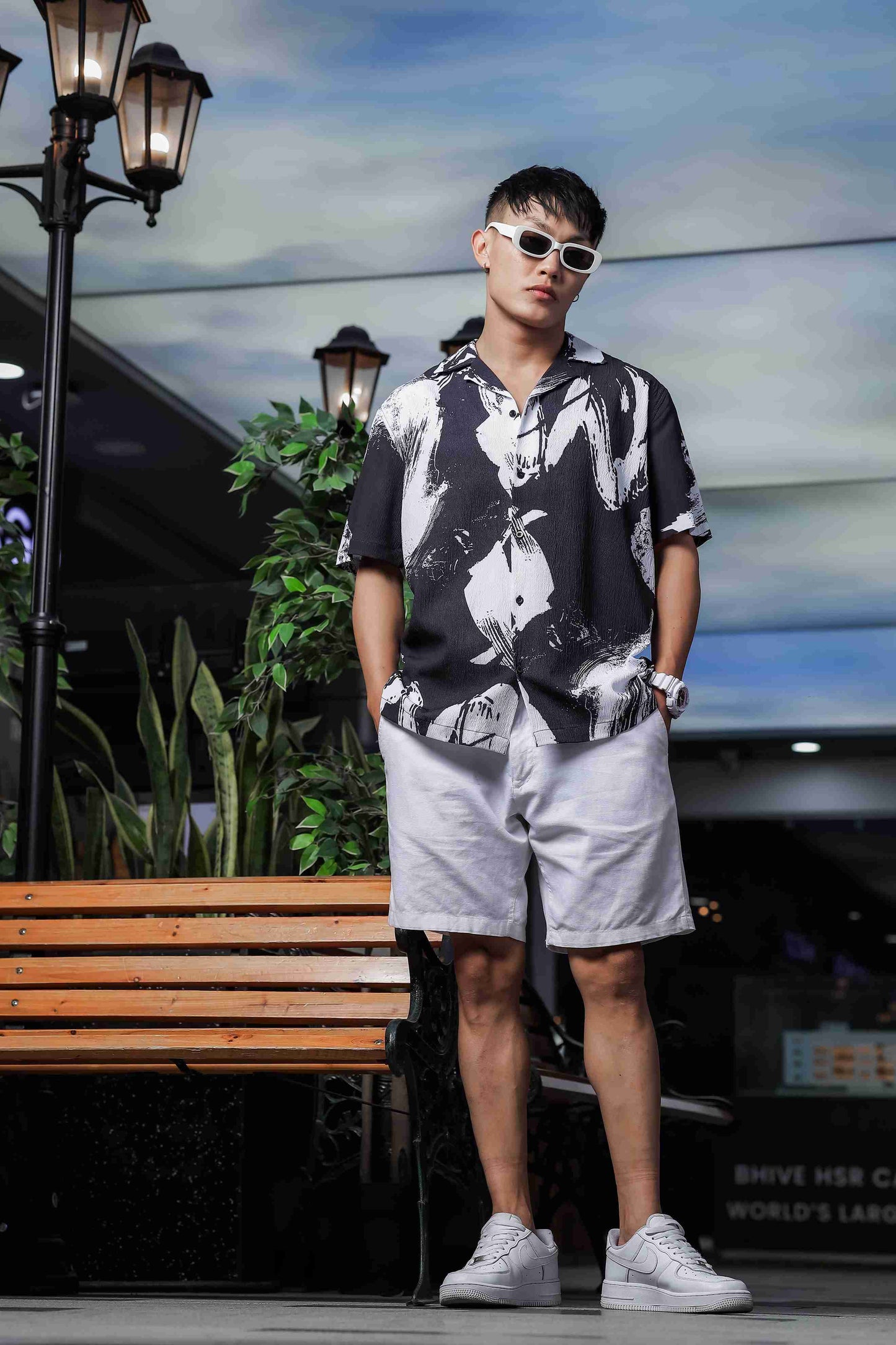 Black Abstract Printed Crinkled Fabric Cuban Collar Relaxed Fit Resort Shirt