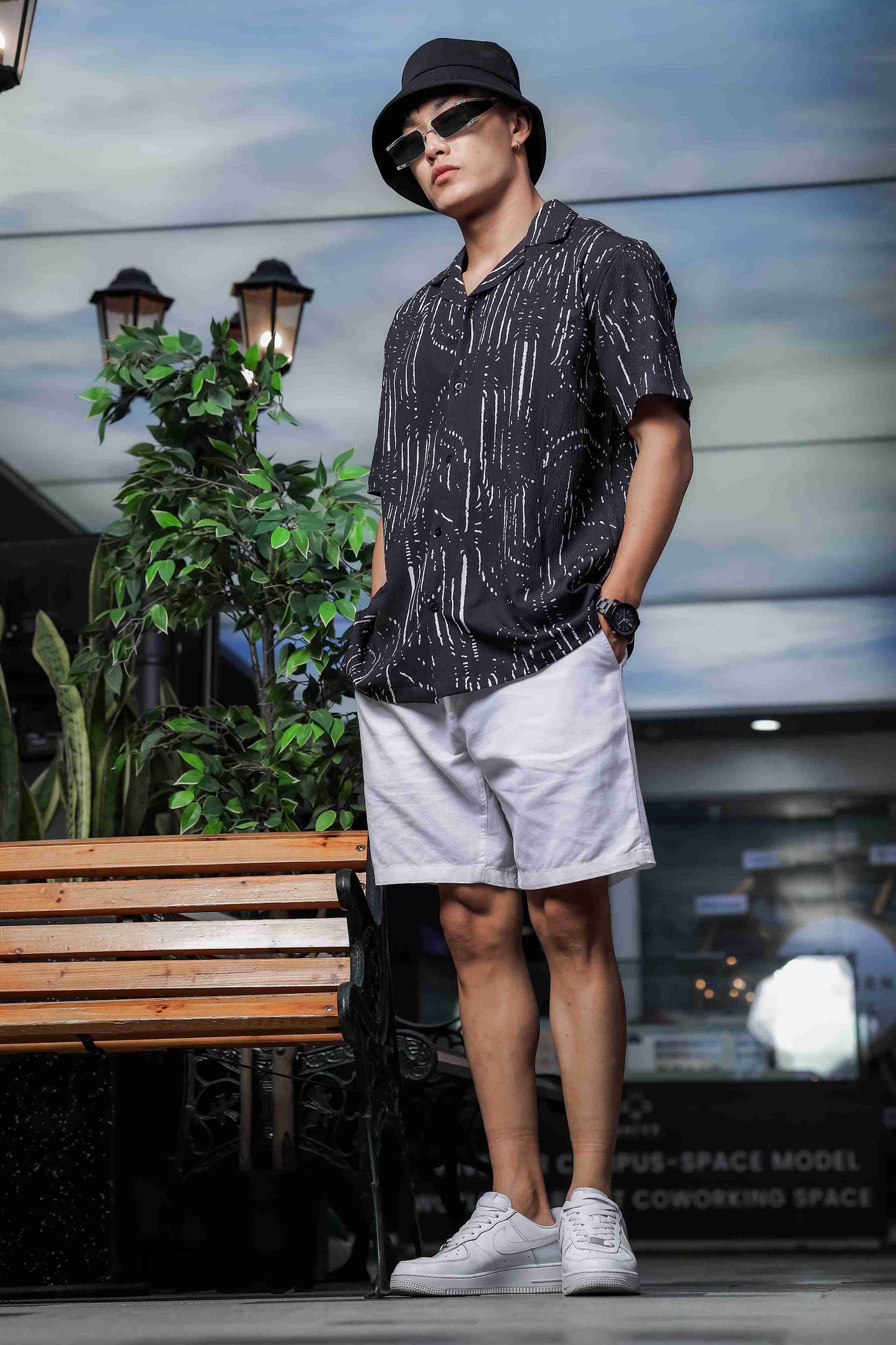 Black Abstract Printed Cuban Collar Relaxed Fit Resort Shirt