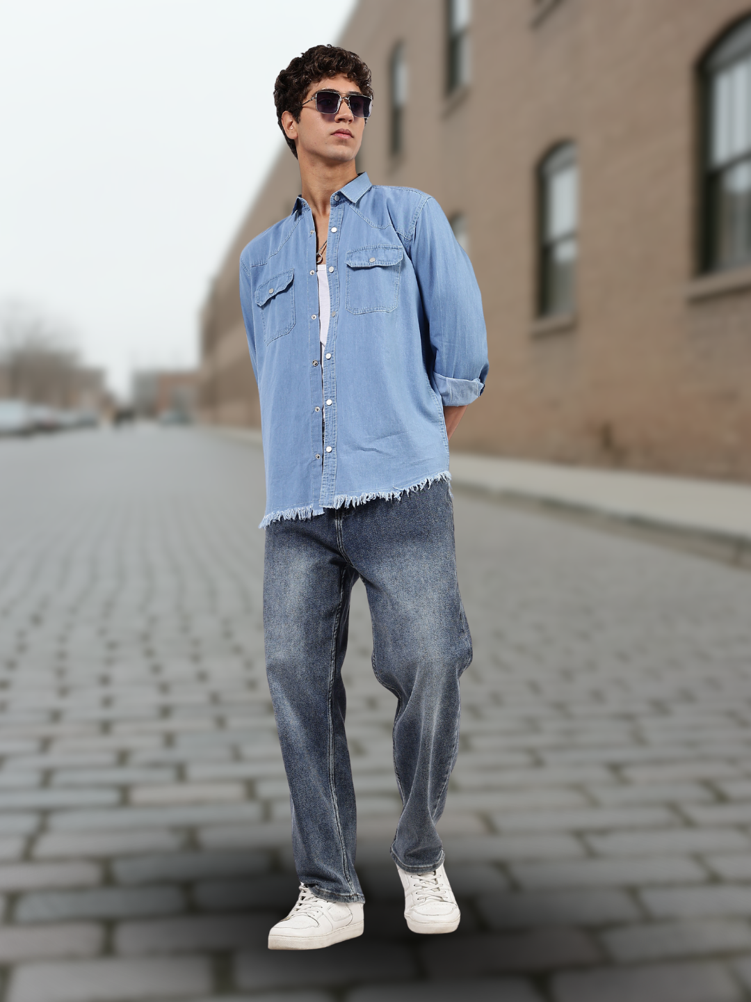 Blue Denim Raw Edge Oversized Relaxed Fit Spread Collar Premium Shirt
