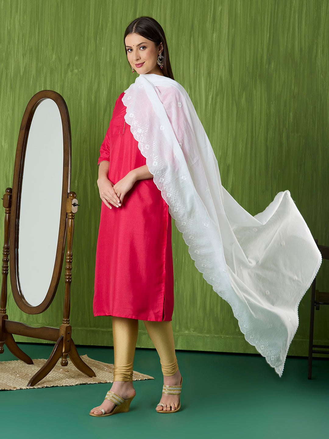 White Embroidered Pure Cotton Dupatta with Scallops