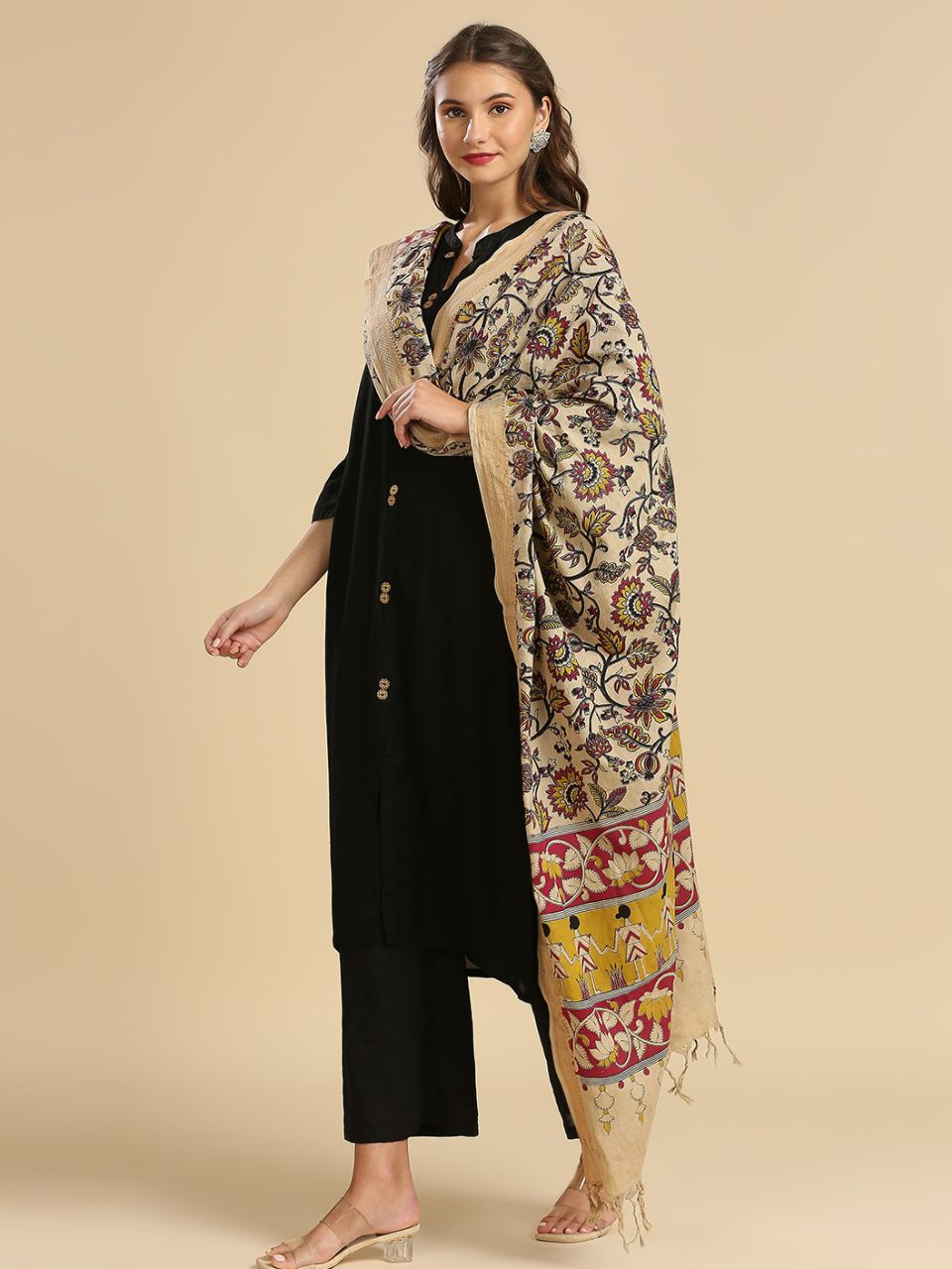 Kalamkari Mangalgiri Beige Cotton Dupatta