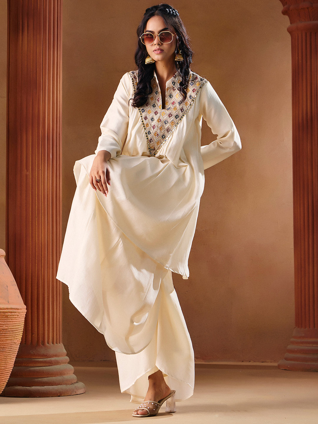 Women's Off White Vichitra Silk Embroidered Palazzo Set | Traditional Ethnic Wear Outfit | M-2569
