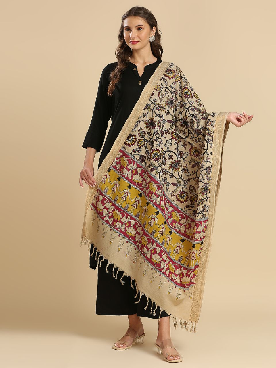 Kalamkari Mangalgiri Beige Cotton Dupatta