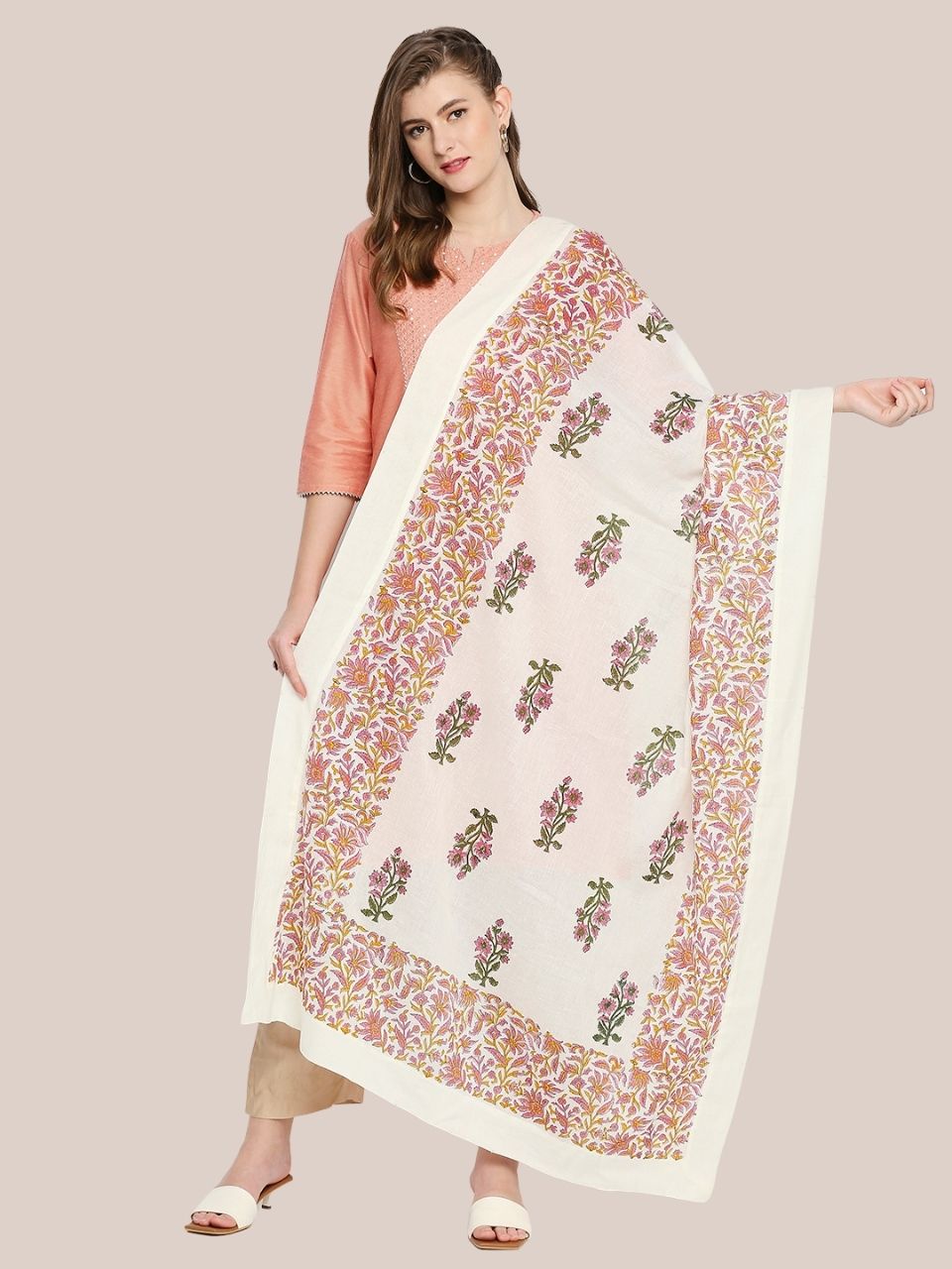 Off White & Pink Block Printed Pure Cotton Dupatta