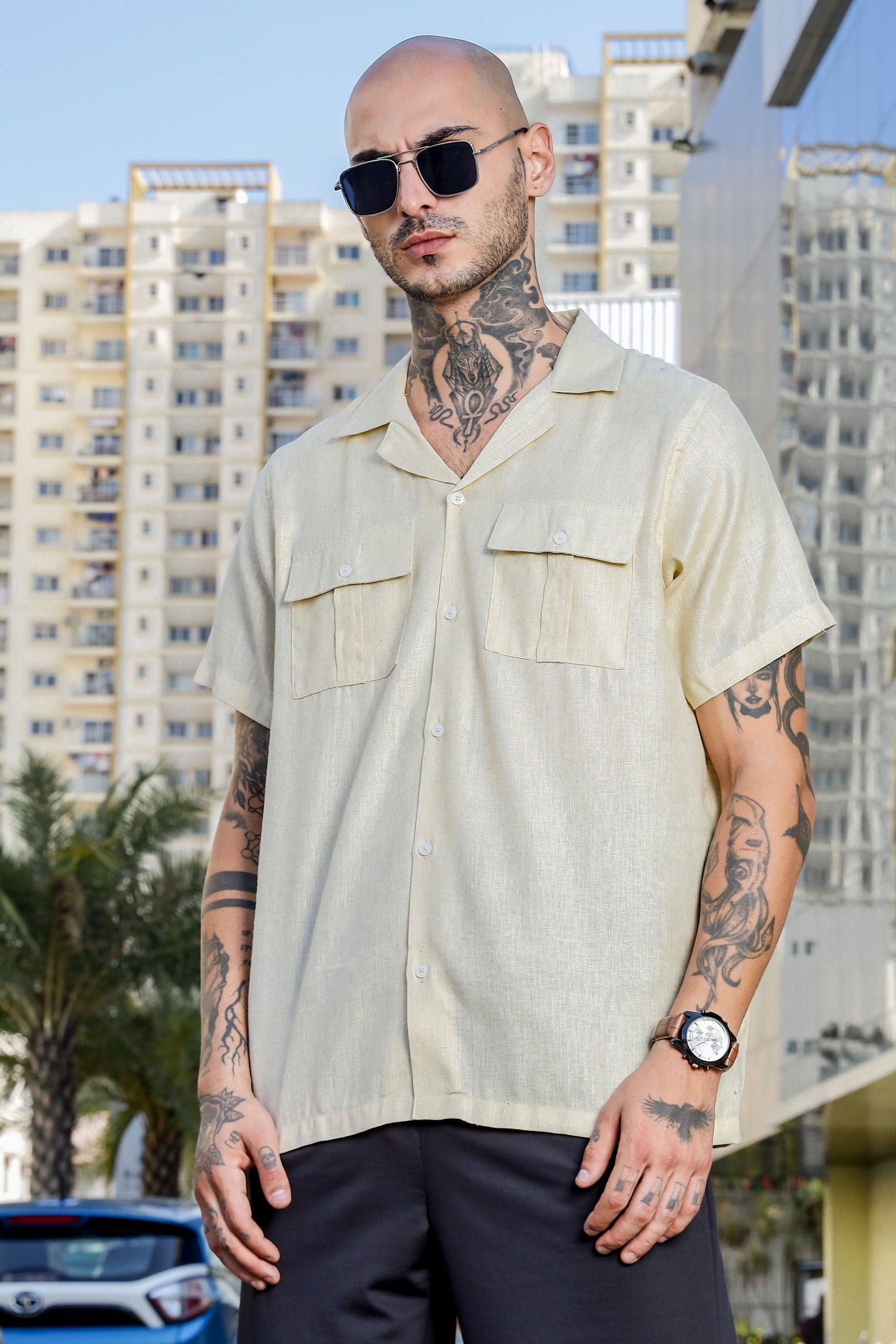 Linen Blend Beige Cuban Collar Classic Relaxed Fit Shirt
