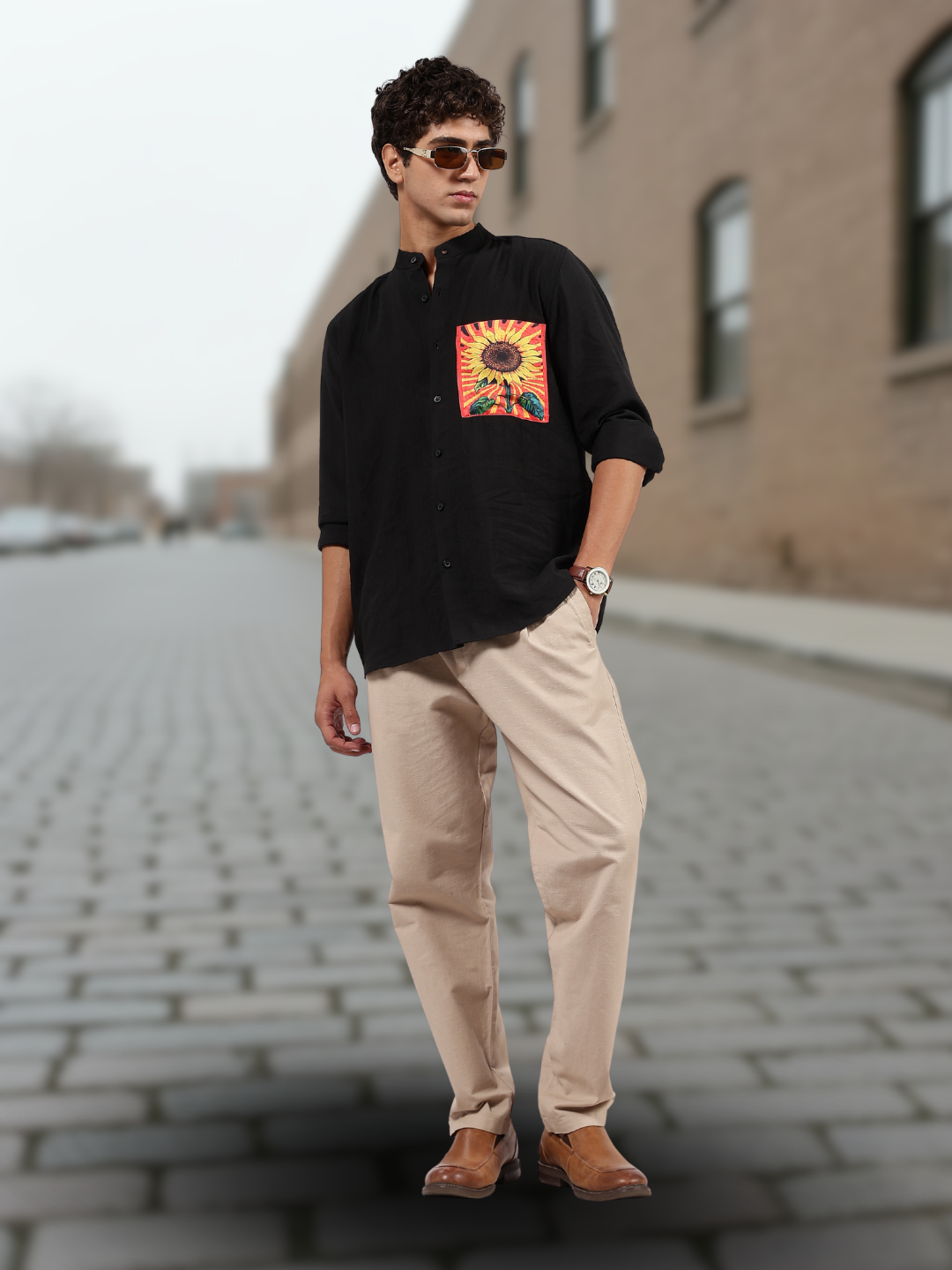Black Mandarin Collar Premium Relaxed Fit Viscose Resort Shirt