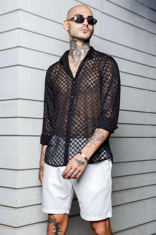 Black Semi Sheer Georgette Relaxed Fit Shirt